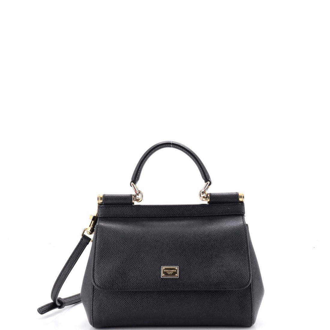 Small leather bag by Sicily from Dolce & Gabbana: Small leather bag by Sicily from Dolce & Gabbana Small leather bag by Sicily from Dolce & Gabbana, featuring black exterior with gold hardware and interior with print fabric. The bag measures 6" tall,