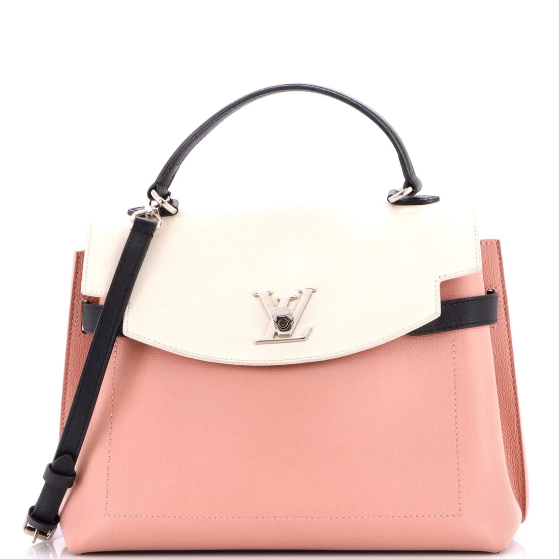Louis Vuitton Lockme Ever Handbag Leather MM: Louis Vuitton Lockme Ever Handbag Leather MM Pink Louis Vuitton Lockme Ever Handbag Leather MM with Clochette and Strap, featuring a classic top handle design. Measuring 9" tall, 12" wide, and 5.5"