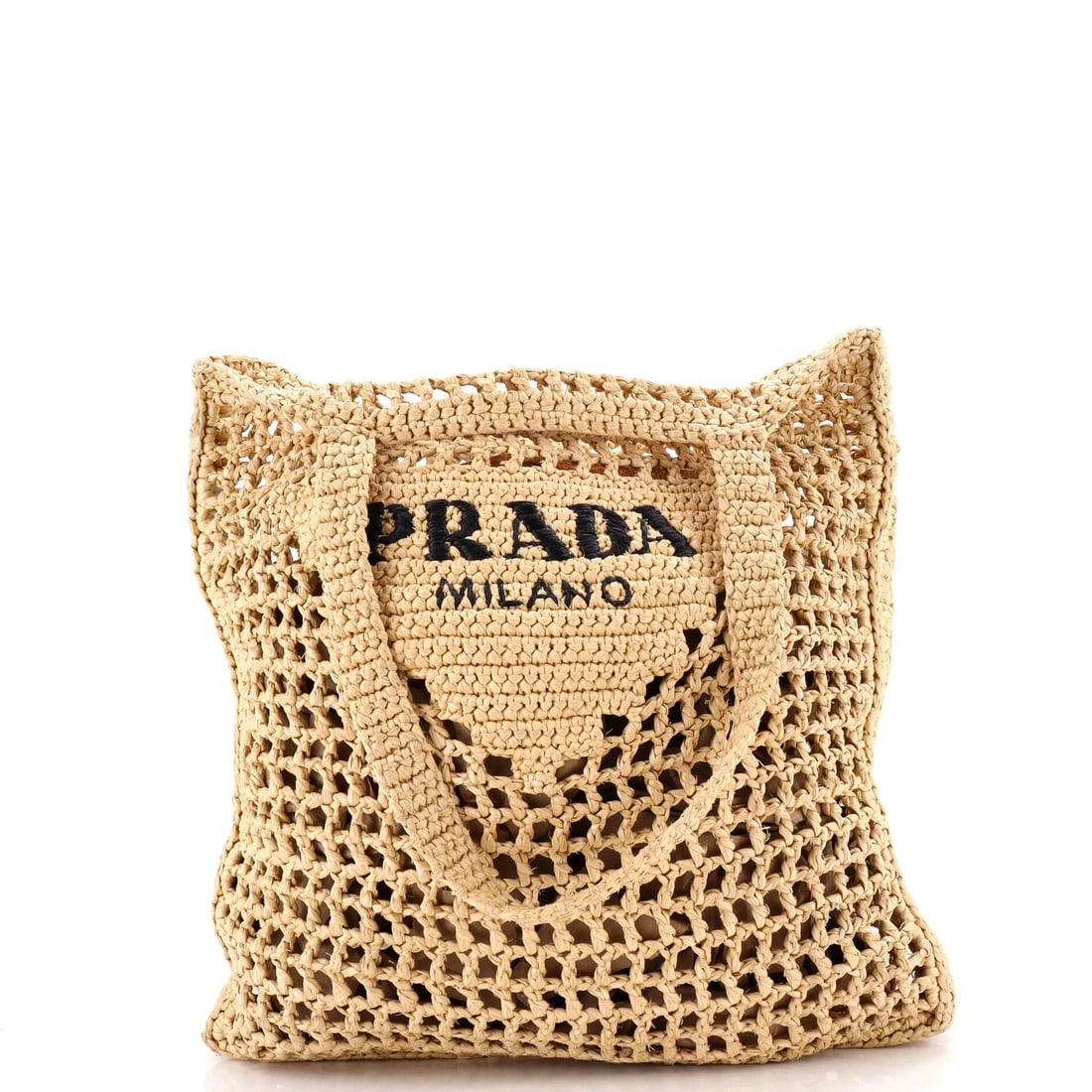 Open Raffia Tote Logo Triangle Prada: Open Raffia Tote Logo Triangle Prada Open Raffia Tote Logo Triangle Prada features a neutral exterior with scuffs and edge wear, giving it a worn-in look. The interior remains in great condition with 