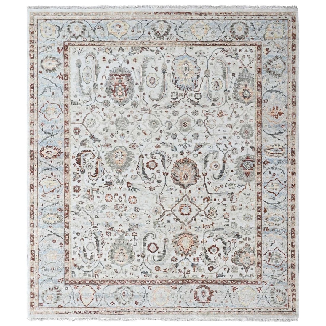 8'x9'9" Ivory Ziegler Mahal Design Hand Knotted Pure Wool Zero Pile Rug: 8'x9'9" Ivory Ziegler Mahal Design Hand Knotted Pure Wool Zero Pile Rug The Oushak Type Ivory Ziegler Mahal Design Hand Knotted Pure Wool Zero Pile Rug boasts an all-over regional design in a stunning