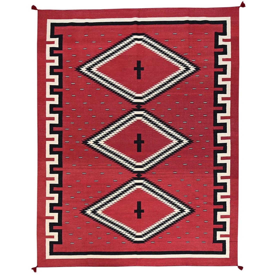 9'1"x11'7" Red Southwest Geometric Design Flat Weave Hand Woven Wool Rug: 9'1"x11'7" Red Southwest Geometric Design Flat Weave Hand Woven Wool Rug The vibrant red hues and geometric patterns of this hand-woven wool rug make for a striking statement piece. Made from natural 