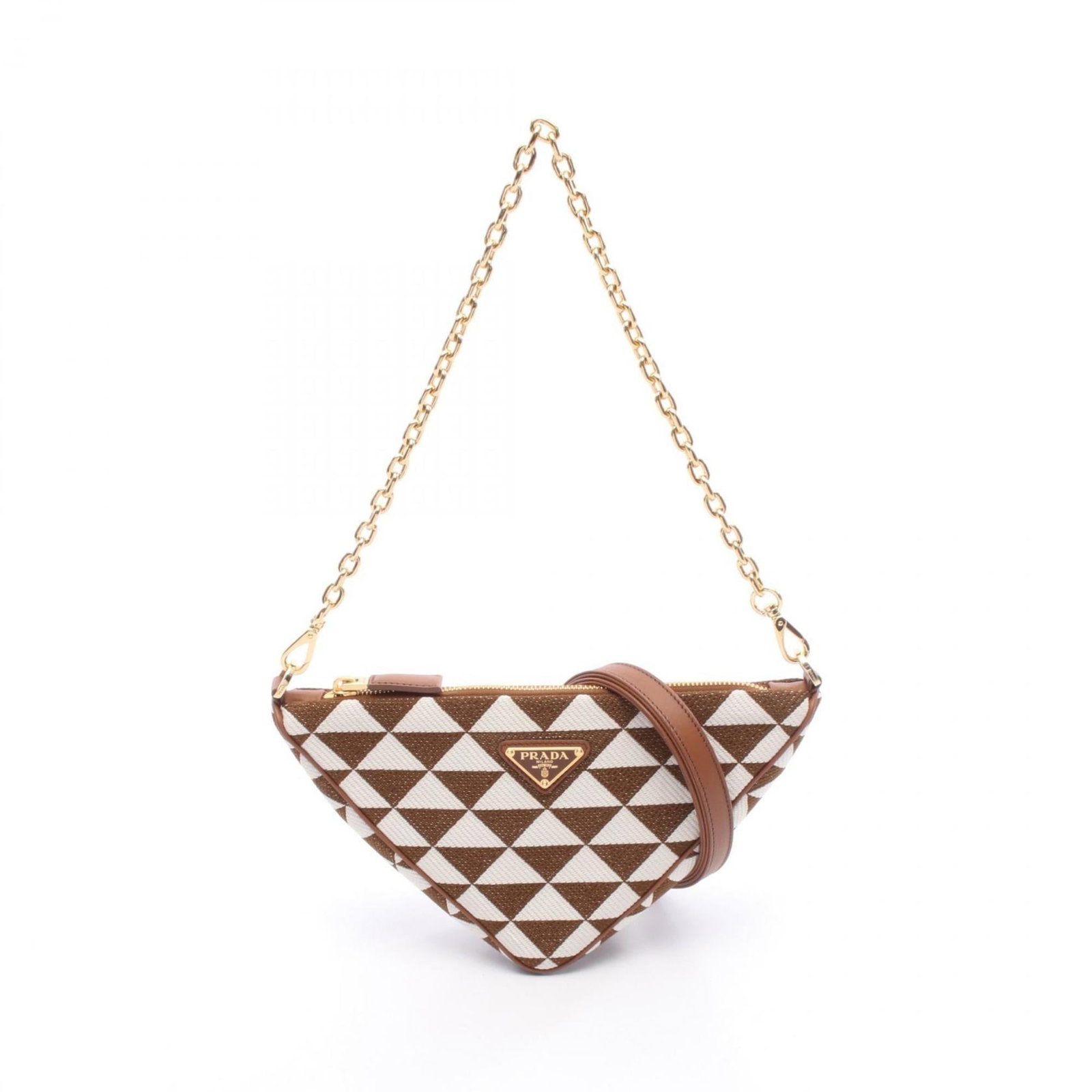 Canvas Leather Shoulder Bag Prada: Canvas Leather Shoulder Bag Prada Canvas and leather combine in this classic shoulder bag from Prada, featuring a timeless brown and white color scheme. The bag's compact size makes it ideal for every