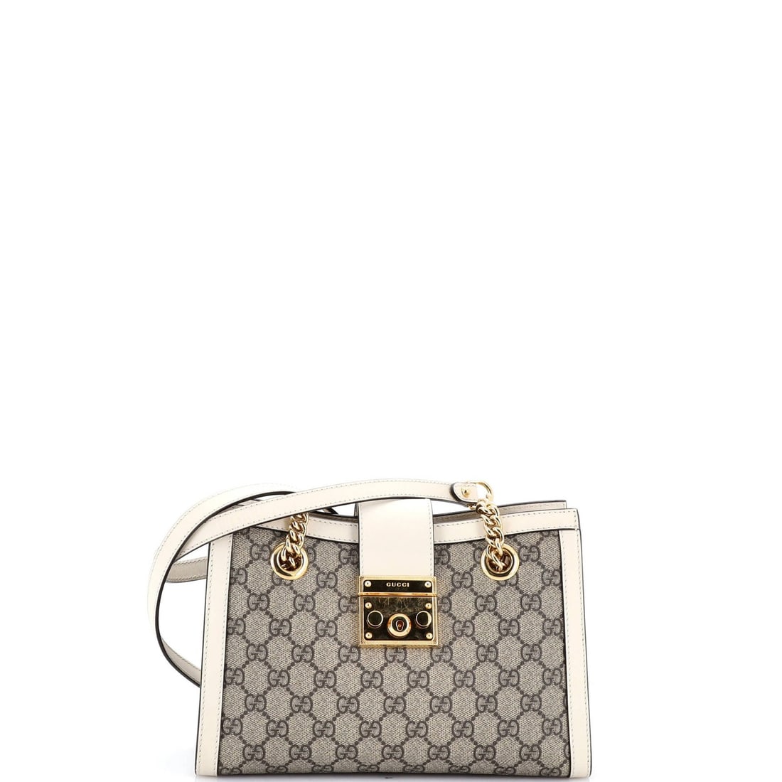 Small leather chain tote with coated canvas and gucci padlock GG: Small leather chain tote with coated canvas and gucci padlock GG Small leather chain tote with coated canvas and iconic Gucci padlock GG, adding a touch of luxury to your daily essentials. The neutral