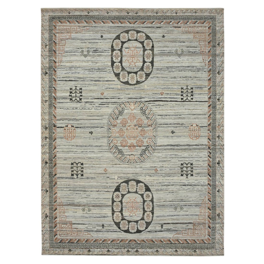 9'x12'4" Gray Khotan Influence Shaved Low Distressed Hand Knotted Silk Rug: 9'x12'4" Gray Khotan Influence Shaved Low Distressed Hand Knotted Silk Rug Gray Khotan Influence Shaved Low Distressed Hand Knotted Silk Rug measures 9'x12'4" and features a medallion regional design 