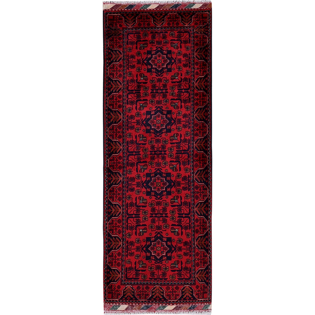 1'9"x5' Red Afghan Khamyab Geometric Design Wool Hand Knotted Runner Rug: 1'9"x5' Red Afghan Khamyab Geometric Design Wool Hand Knotted Runner Rug This stunning Red Afghan Khamyab Geometric Design Wool Hand Knotted Runner Rug boasts vibrant red hues and intricate geometric 