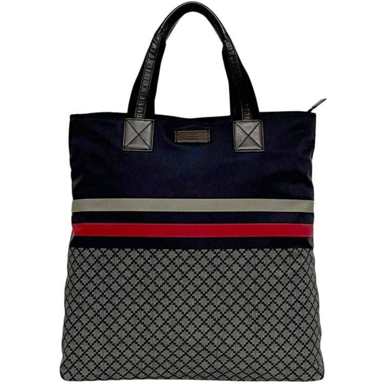 Nylon leather tote bag from Gucci: Nylon leather tote bag from Gucci Nylon leather tote bag from Gucci, featuring a classic design with a navy and red color combination. The bag measures 41cm x 41cm x 12cm, making it a compact yet styl