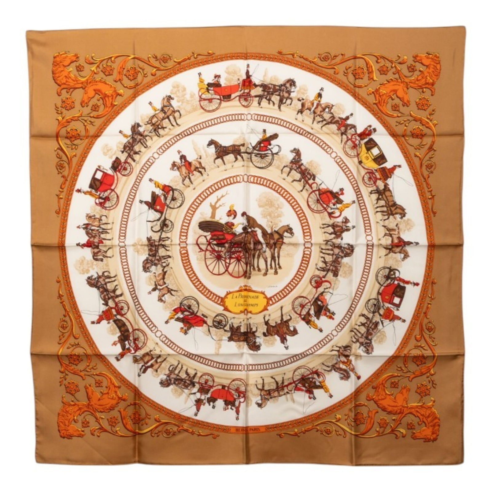 Hermes silk scarf: Hermes silk scarf Silk scarf from renowned French fashion house Hermes, boasting a rich brown and multi-color design. Made from high-quality silk, the scarf measures 88cm x 87.5cm in size. This beauti