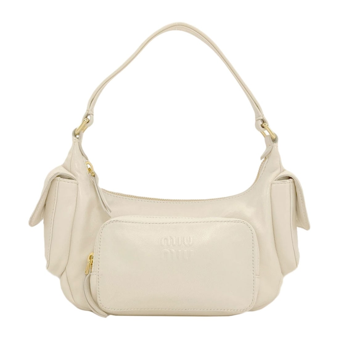 One Belt Calf Handbag Miumiu: One Belt Calf Handbag Miumiu White calf handbag from MIUMIU, featuring a sleek and modern design. The exterior is made of high-quality calf leather, adding a touch of sophistication to the overall loo