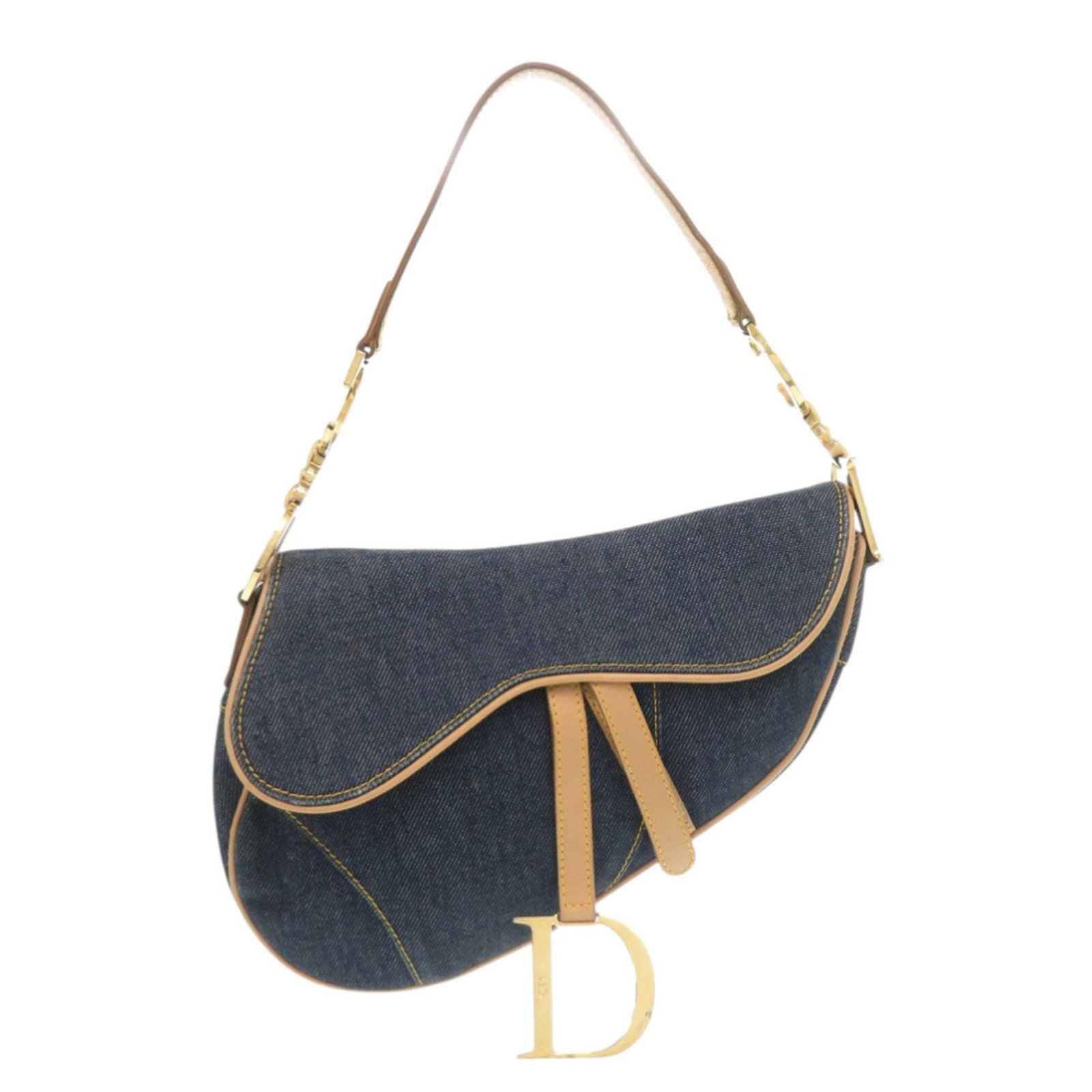 Christian Dior Saddle Leather Denim Handbag: Christian Dior Saddle Leather Denim Handbag Navy blue denim and leather saddle bag from Christian Dior, measuring 18cm x 25cm x 6cm. This iconic handbag features a unique blend of materials and classi
