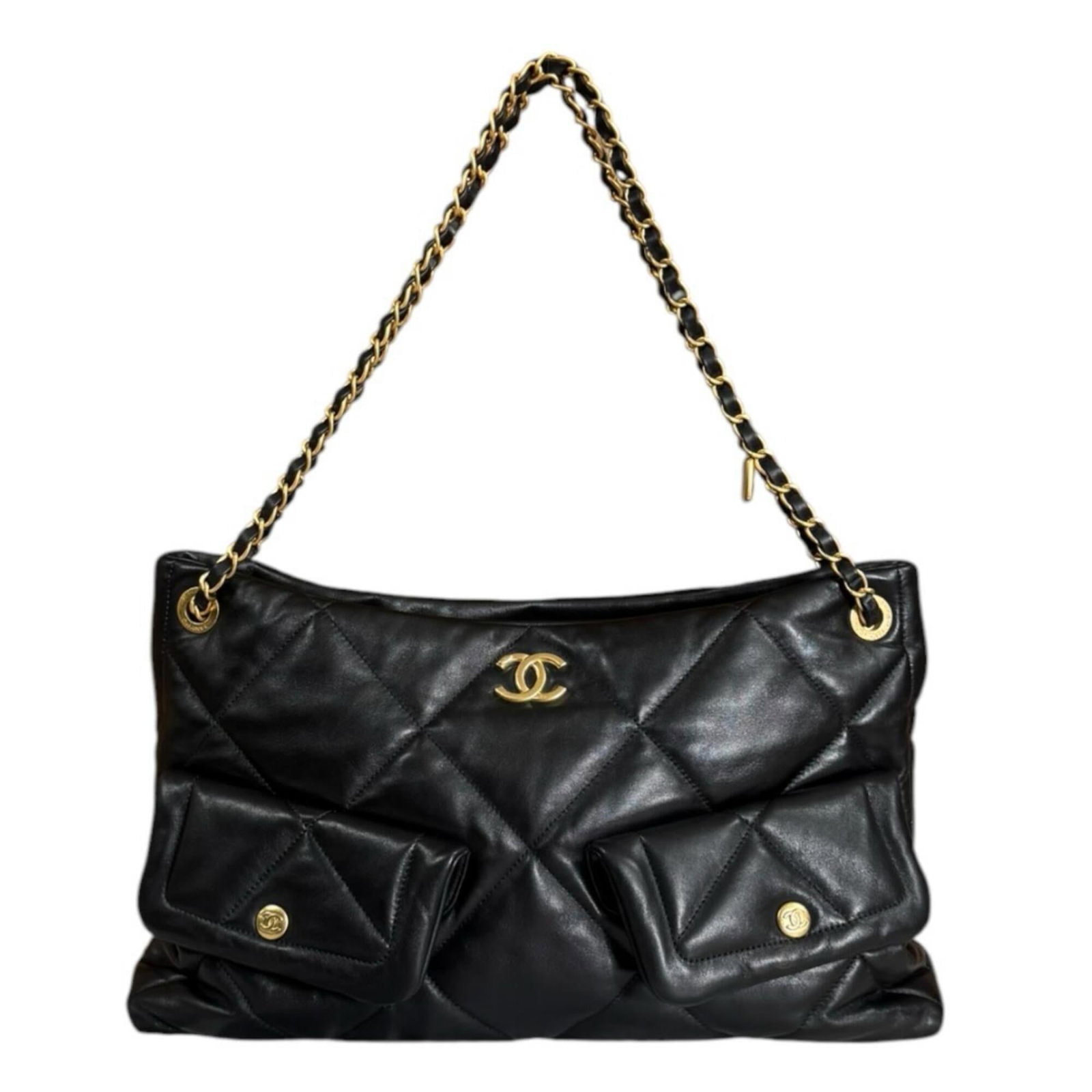 Chanel Shopping Bag Shoulder Bag Leather: Chanel Shopping Bag Shoulder Bag Leather This black leather shoulder bag from Chanel features lambskin material and measures 23cm x 39cm x 10cm. The iconic design is crafted with high-quality leather,