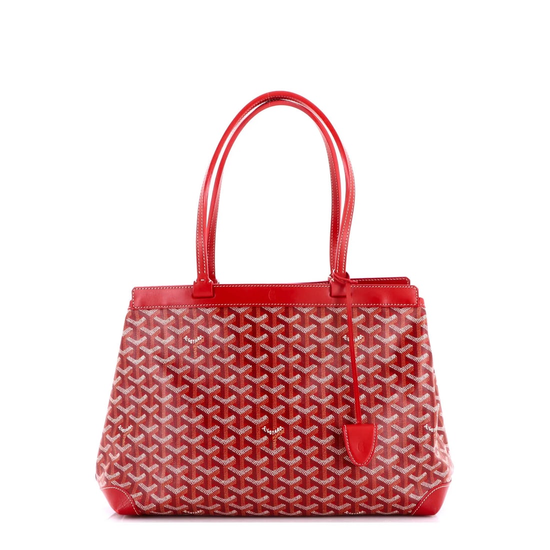 Coated canvas bag by Goyard Bellechasse: Coated canvas bag by Goyard Bellechasse The Goyard Bellechasse bag boasts a striking red exterior, crafted from coated canvas. With its neutral interior and silver hardware, this stylish tote features