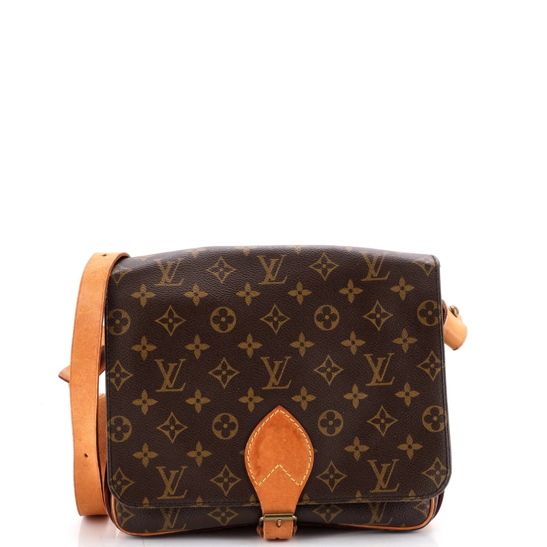 Louis Vuitton Handbag Monogram Canvas GM Cartouchiere: Louis Vuitton Handbag Monogram Canvas GM Cartouchiere Brown Louis Vuitton Handbag Monogram Canvas GM Cartouchiere with gold hardware and leather interior, featuring heavy corner wear and creases. The 