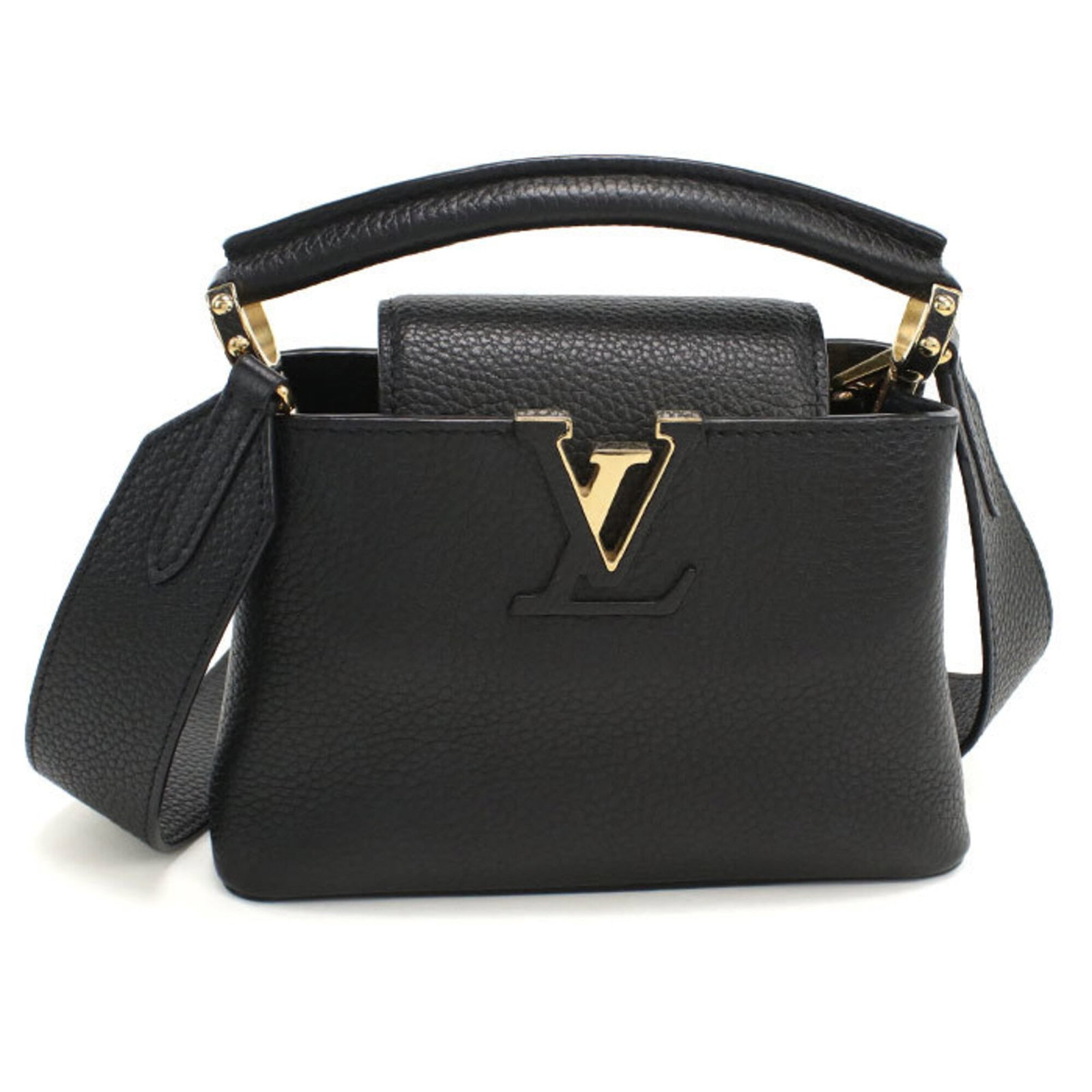 Handbag Louis Vuitton Leather: Handbag Louis Vuitton Leather Black Louis Vuitton Leather Handbag, 13cm x 20cm x 7.5cm, Gold Hardware. This black leather handbag from Louis Vuitton features gold hardware and a classic design. Made