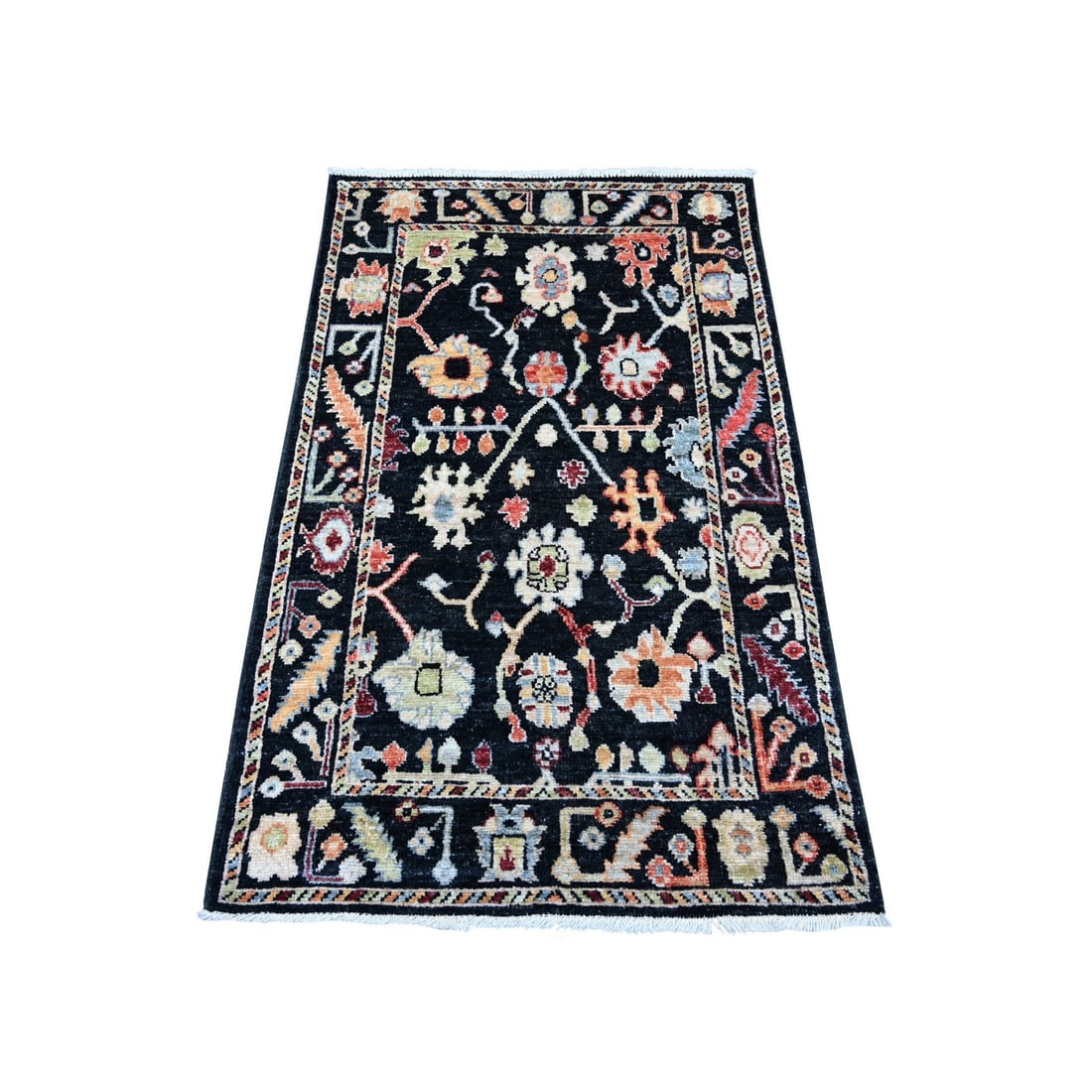 3'2"x5' Black Hand Knotted Afghan Angora Oushak Pure Wool Oriental Rug: 3'2"x5' Black Hand Knotted Afghan Angora Oushak Pure Wool Oriental Rug Black Hand Knotted Afghan Angora Oushak Pure Wool Oriental Rug features a rectangular field with floral pattern and a hand-knotte