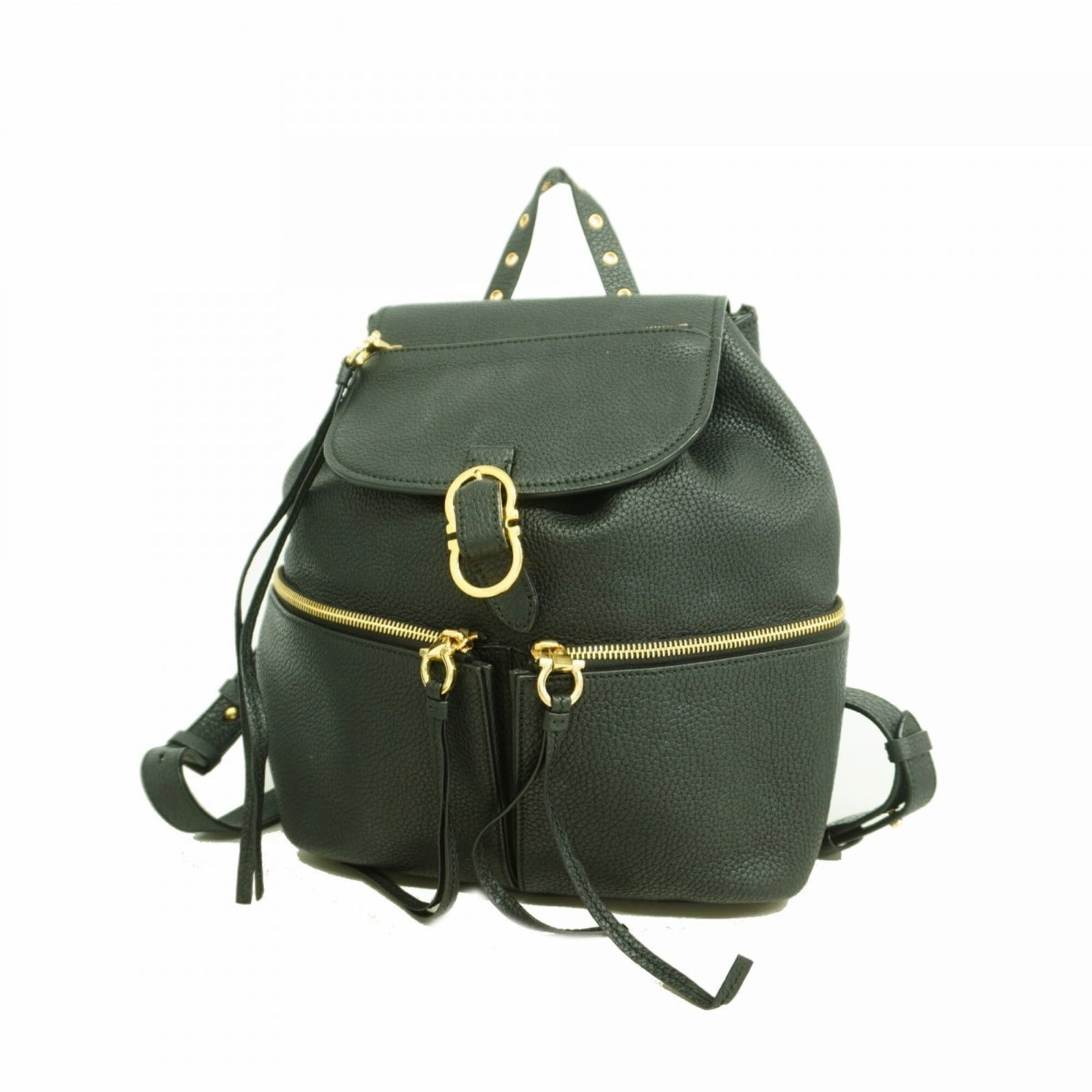 Leather backpack by Salvatore Ferragamo: Leather backpack by Salvatore Ferragamo The Salvatore Ferragamo leather backpack boasts sleek black leather and gold hardware, showcasing the brand's signature style. Measuring 26cm x 25cm x 14cm, it 