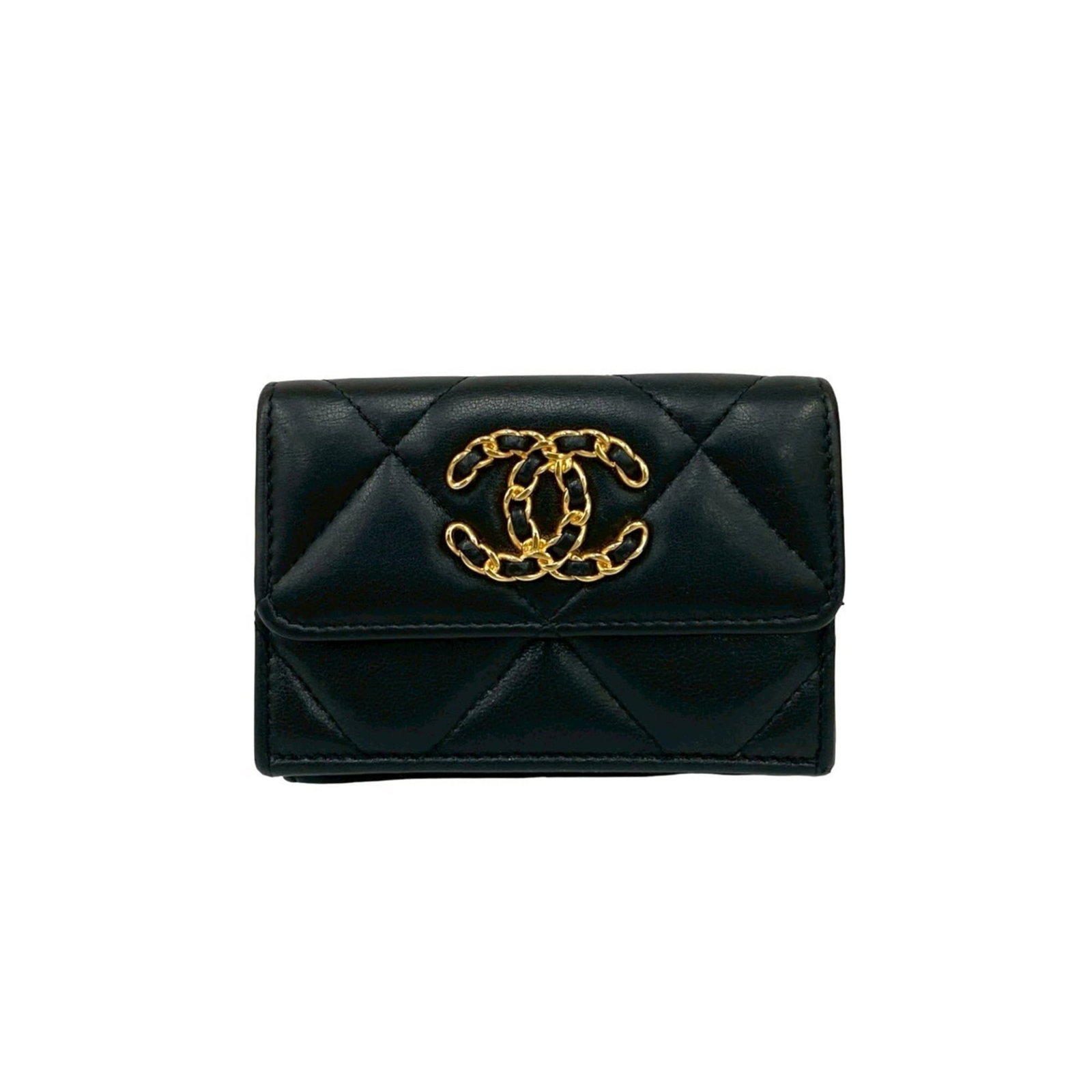 Chanel Wallet (Tri-Fold) Leather: Chanel Wallet (Tri-Fold) Leather Tri-fold leather wallet from Chanel, featuring classic design and timeless black lambskin finish. Made with high-quality leather, this wallet measures 7.5cm x 10.5cm x