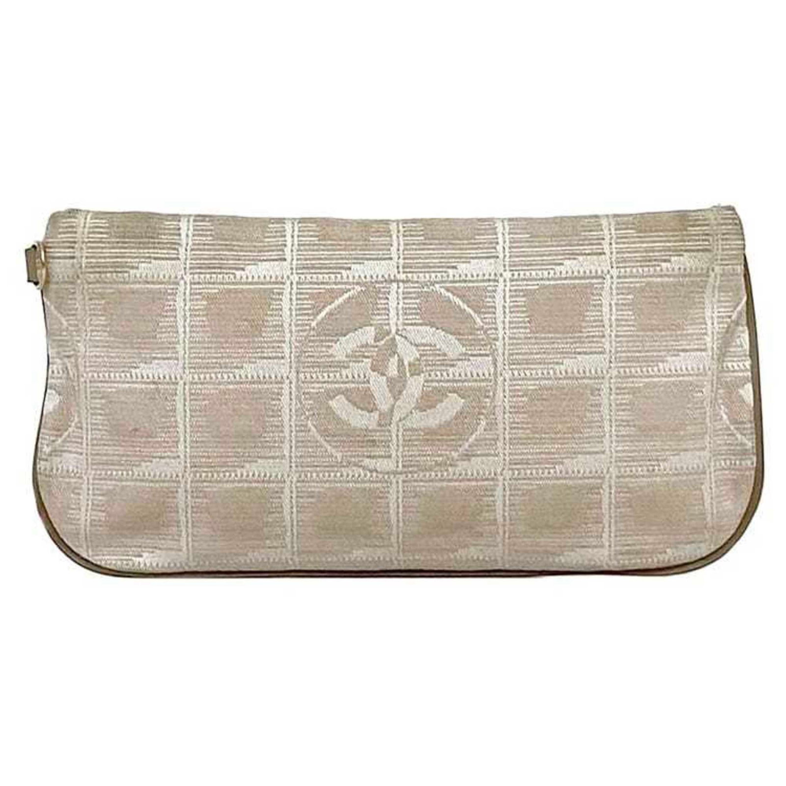 Nylon Leather Pouch Chanel: Nylon Leather Pouch Chanel Nylon leather pouch from Chanel's new travel line, crafted with a durable nylon exterior and premium leather accents in beige. The gold zipper closure adds a touch of sophis