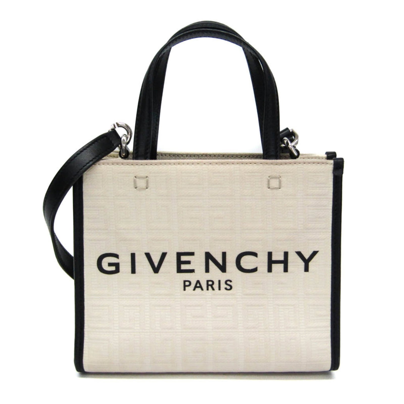 Canvas Handbag Leather Givenchy Shoulder Bag: Canvas Handbag Leather Givenchy Shoulder Bag Canvas and leather Givenchy shoulder bag in black with light beige accents, featuring an open interior pocket and adjustable strap length. The bag measures