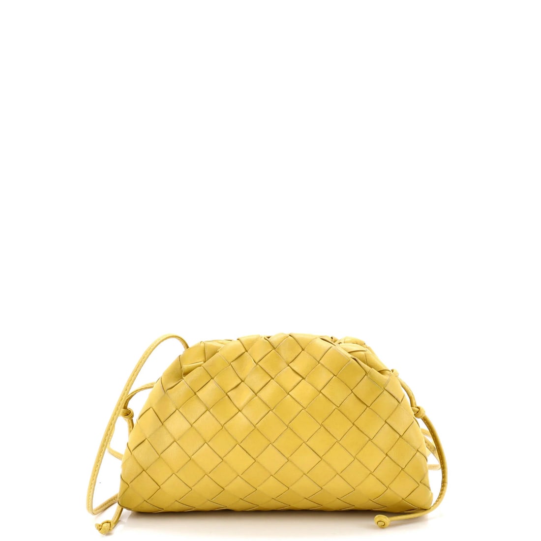 Intrecciato Pouch Nappa Mini by Bottega: Intrecciato Pouch Nappa Mini by Bottega The Bottega Veneta Intrecciato Pouch Nappa Mini boasts vibrant yellow leather, characteristic of the brand's iconic style. This mini cross-body bag features a s