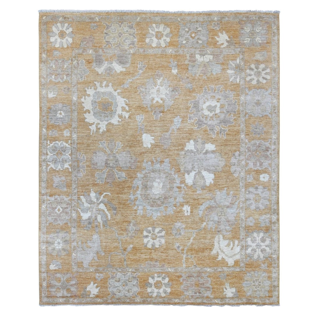 Afghan Angora Oushak Hand Knotted Wool Oriental Rug Golden Brown: Afghan Angora Oushak Hand Knotted Wool Oriental Rug Golden Brown Hand-knotted with precision, this Oushak-style Afghan Angora wool rug boasts a rich golden brown color and intricate floral patterns. M