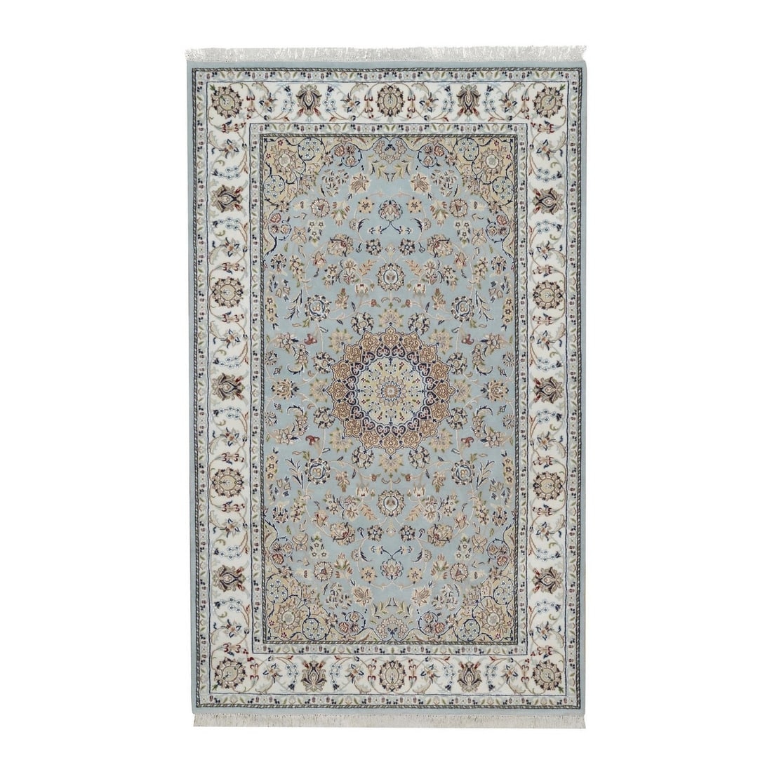 5'x8'1" Light Blue Wool & Silk Nain with Medallion Design Hand Knotted Rug: 5'x8'1" Light Blue Wool & Silk Nain with Medallion Design Hand Knotted Rug Light blue wool and silk Nain with medallion design hand-knotted rug, measuring 4'11" x 8'1". This stunning piece features a 