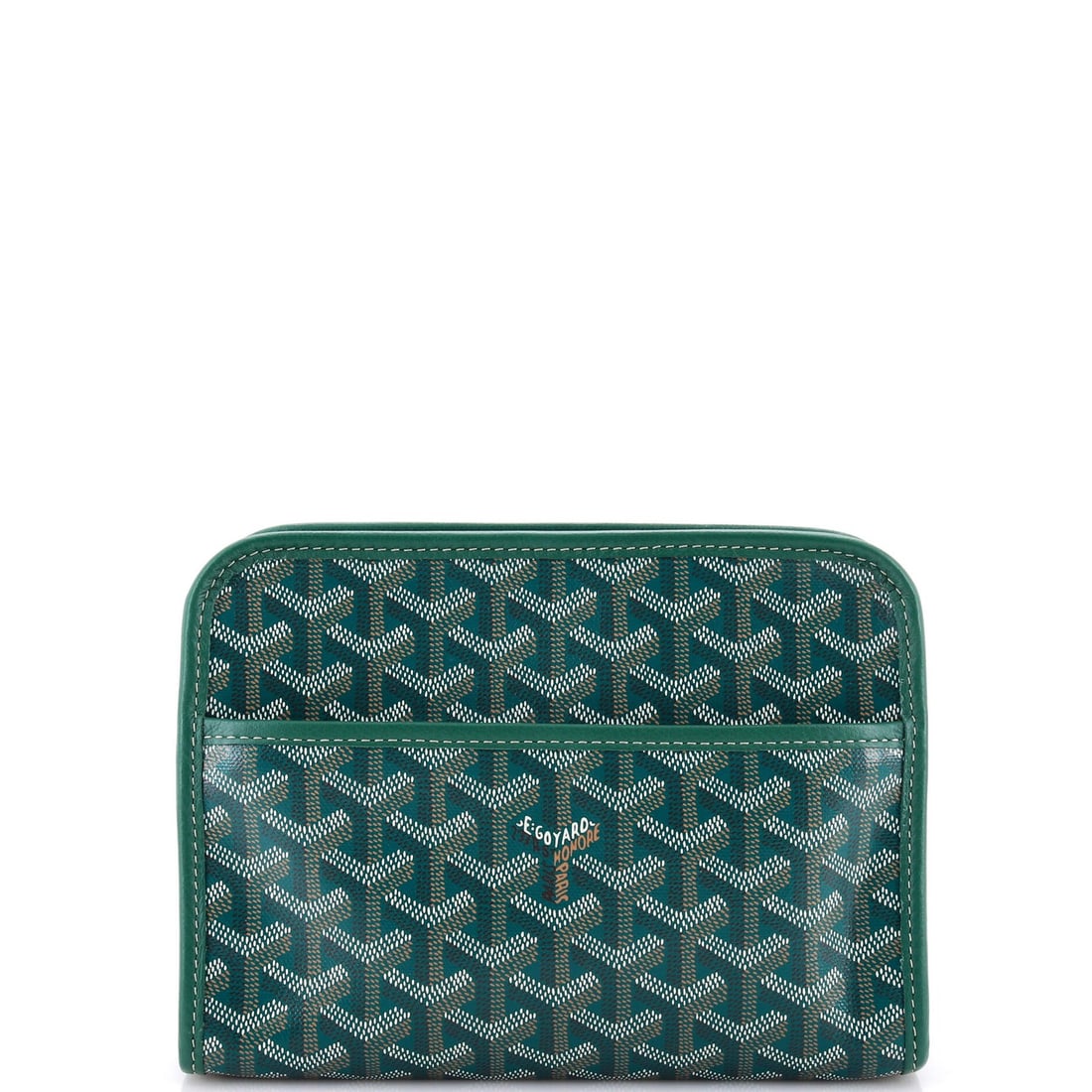 Goyard Jouvence Toiletry Pouch Coated Canvas PM: Goyard Jouvence Toiletry Pouch Coated Canvas PM Goyard's iconic Jouvence Toiletry Pouch Coated Canvas PM boasts a vibrant green exterior, complemented by a bright yellow interior. Measuring 6" x 8" x 