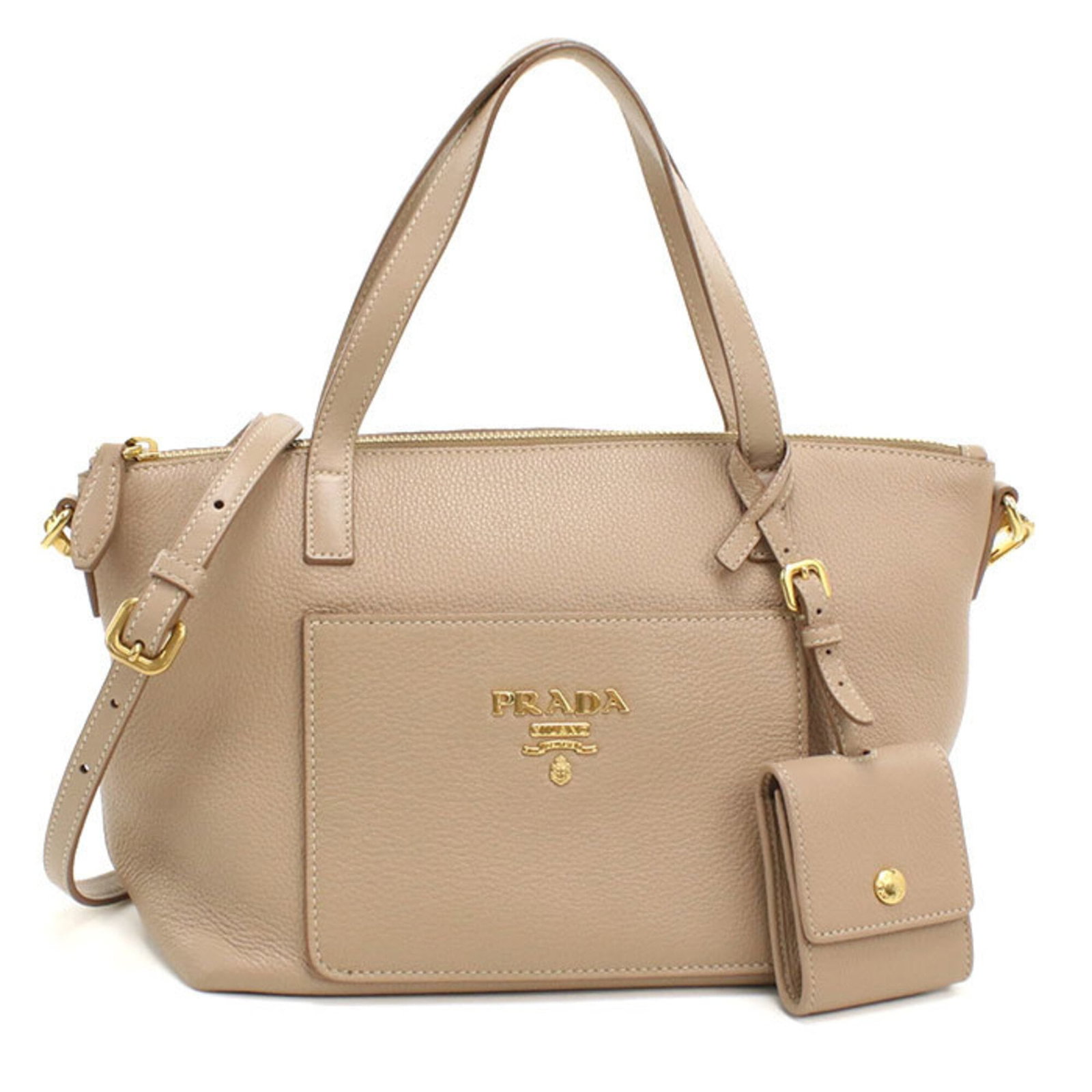 Prada Handbag Leather: Prada Handbag Leather Beige Prada handbag made from high-quality leather, featuring gold hardware and a classic design. Measuring 17cm x 25cm x 15cm, this stylish accessory is perfect for everyday