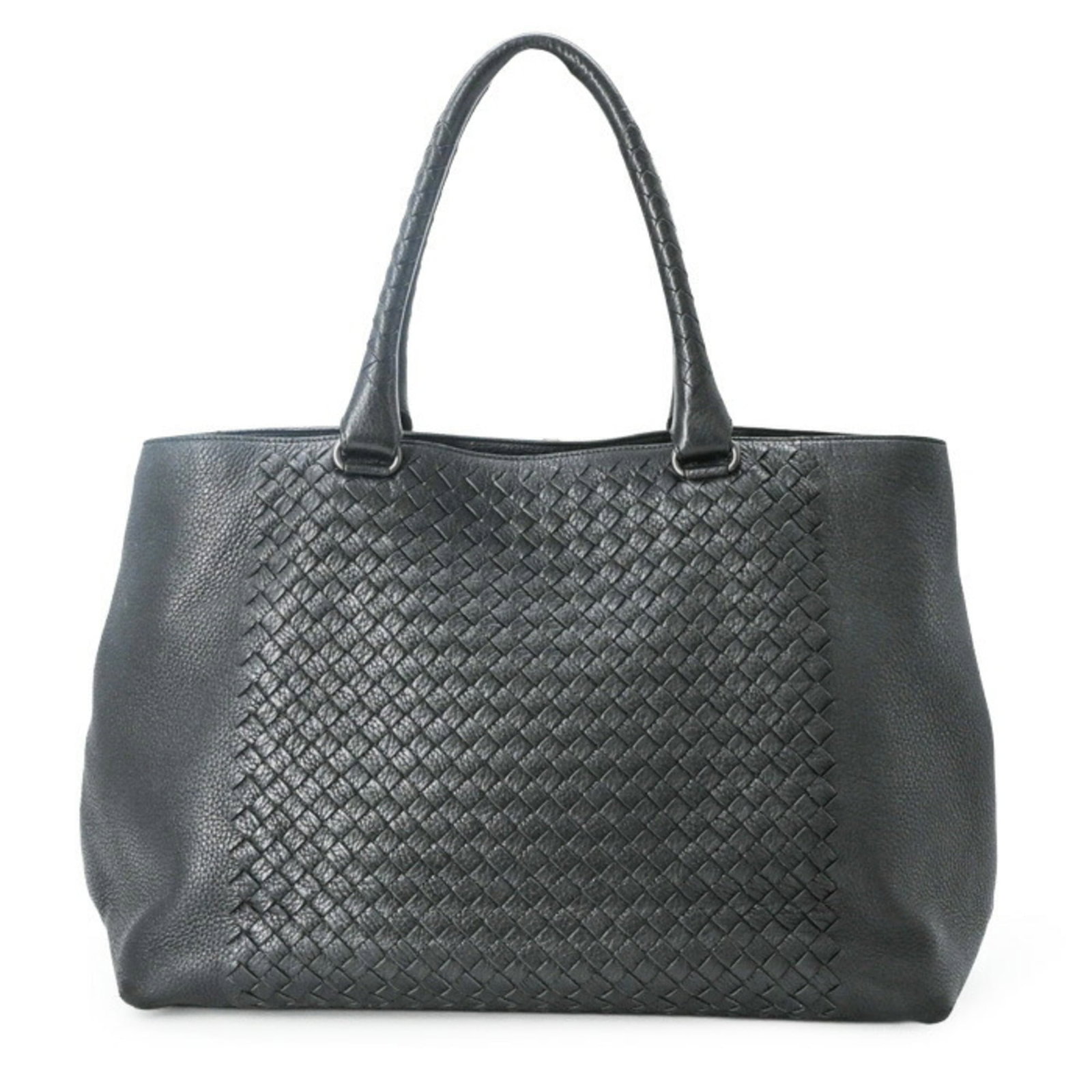 Tote Bag Intrecciato from Bottega Veneta: Tote Bag Intrecciato from Bottega Veneta Intrecciato woven in black, the Bottega Veneta tote bag boasts a timeless design. Measuring 29cm x 42cm x 17cm, its sleek dimensions make it a versatile access