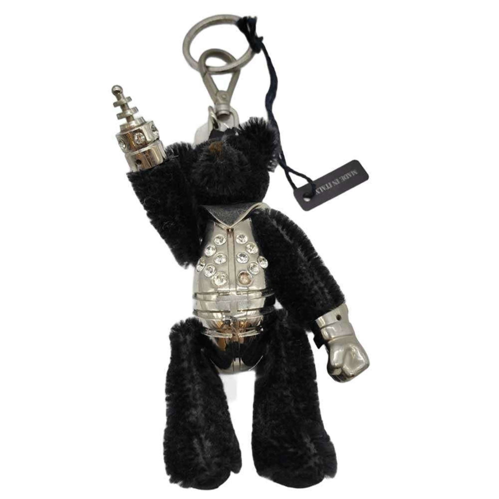 Rhinestone keyring in canvas: Rhinestone keyring in canvas Canvas and rhinestone keyring in black, with dimensions of 11cm x 4cm. This eye-catching accessory features a striking combination of materials and decorative elements. Th