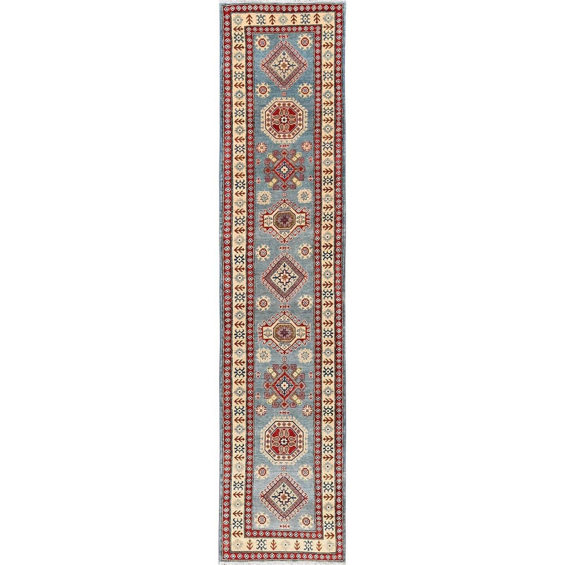 2'10"x13'5" Blue Kazak with Geometric Design Hand Knotted Rug Wool Runner: 2'10"x13'5" Blue Kazak with Geometric Design Hand Knotted Rug Wool Runner Blue Kazak with Geometric Design Hand Knotted Wool Runner. This stunning, hand-knotted wool runner features a vibrant blue fie