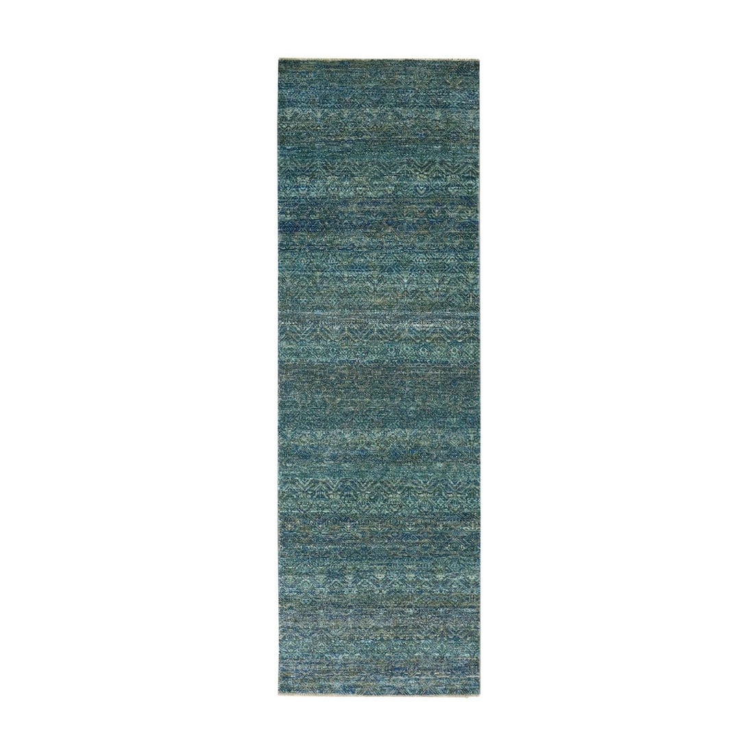 2'6"x8' Green Hand Knotted Kohinoor Herrita 100% Wool Oriental Rug: 2'6"x8' Green Hand Knotted Kohinoor Herrita 100% Wool Oriental Rug This stunning green Herrita-style hand-knotted wool rug boasts an intricate, all-green field with no border. Measuring 2'6" x 8', it 