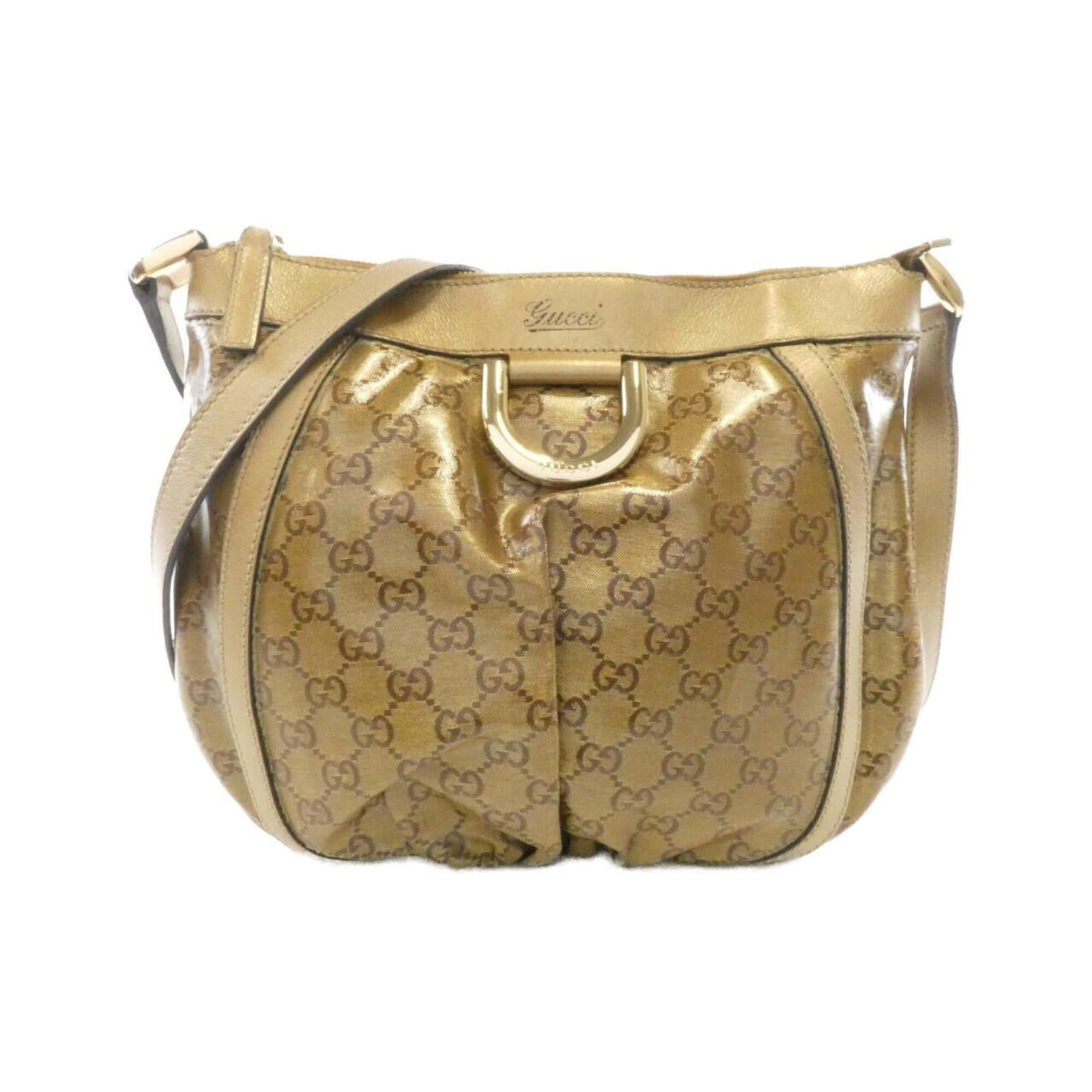 Shoulder bag coated canvas by Gucci: Shoulder bag coated canvas by Gucci Coated canvas by Gucci, featuring a gold finish. This shoulder bag measures 26cm x 28cm x 2cm and boasts a stylish design. A signature bears the mark of the brand. 