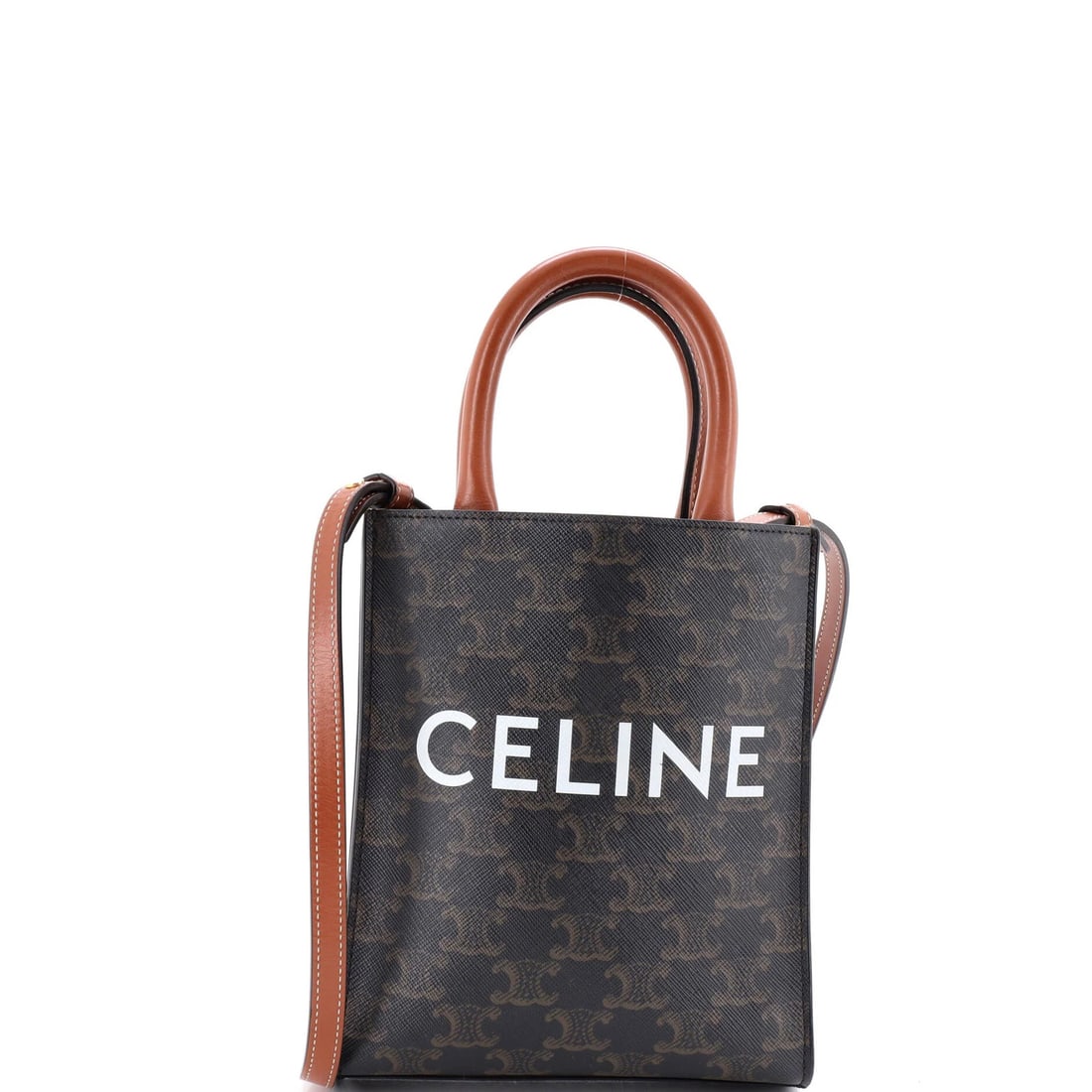 Triomphe Coated Mini Cabas Vertical Tote Celine: Triomphe Coated Mini Cabas Vertical Tote Celine Triomphe Coated Mini Cabas Vertical Tote Celine in Brown. This stylish, mini cabas tote features a canvas coated exterior with gold hardware and a verti