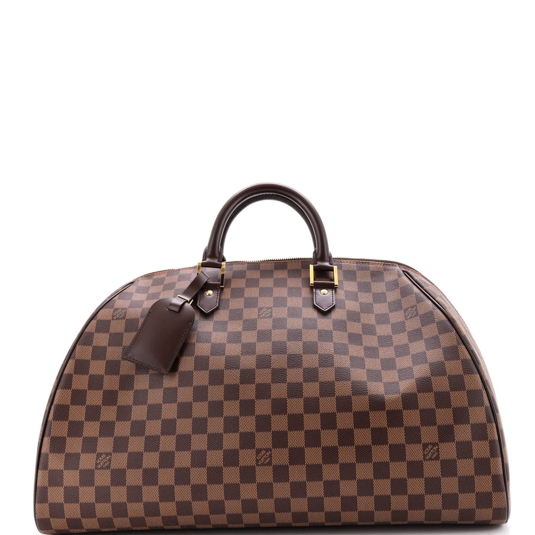 Vuitton Damier Handbag GM Louis Ribera: Vuitton Damier Handbag GM Louis Ribera The Louis Vuitton Damier GM Ribera handbag boasts classic style with its iconic brown canvas exterior and gold hardware. Measuring 12" in height, 19" in width, a