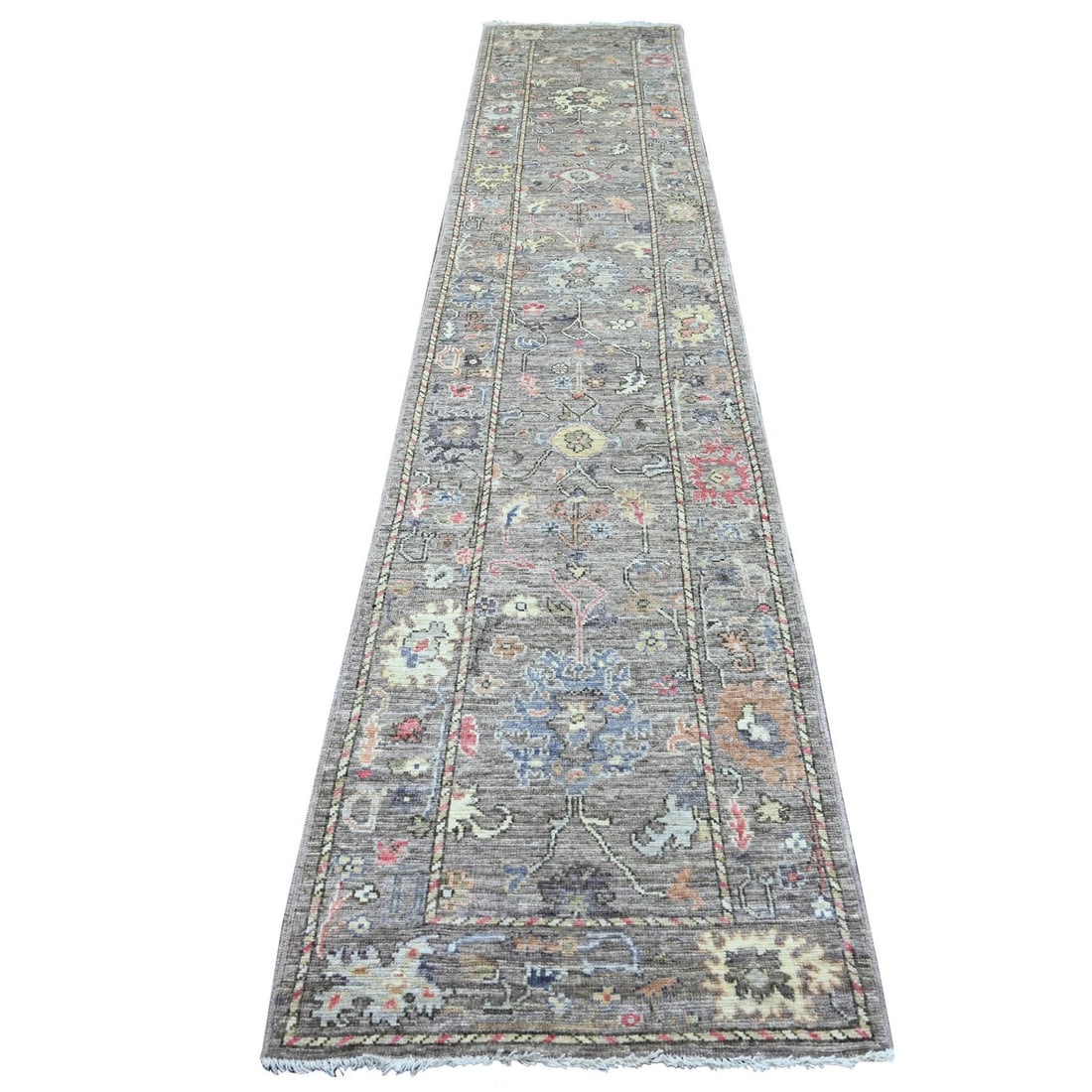2'8"x13'8" Cedar Brown Hand Knotted Wool Afghan Angora Oushak Runner Rug: 2'8"x13'8" Cedar Brown Hand Knotted Wool Afghan Angora Oushak Runner Rug Cedar Brown Hand Knotted Wool Afghan Angora Oushak Runner Rug boasts a stunning floral pattern in rich brown and green hues, se