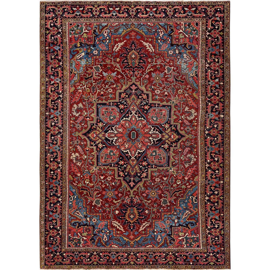 8'9"x12'1" Red Pure Wool Antique Rug Zoroastrian Heris Clean Hand Knotted: 8'9"x12'1" Red Pure Wool Antique Rug Zoroastrian Heris Clean Hand Knotted Hand-knotted in pure wool, this stunning Heris-style rug boasts an intricate medallion pattern against a rich red field. Measu