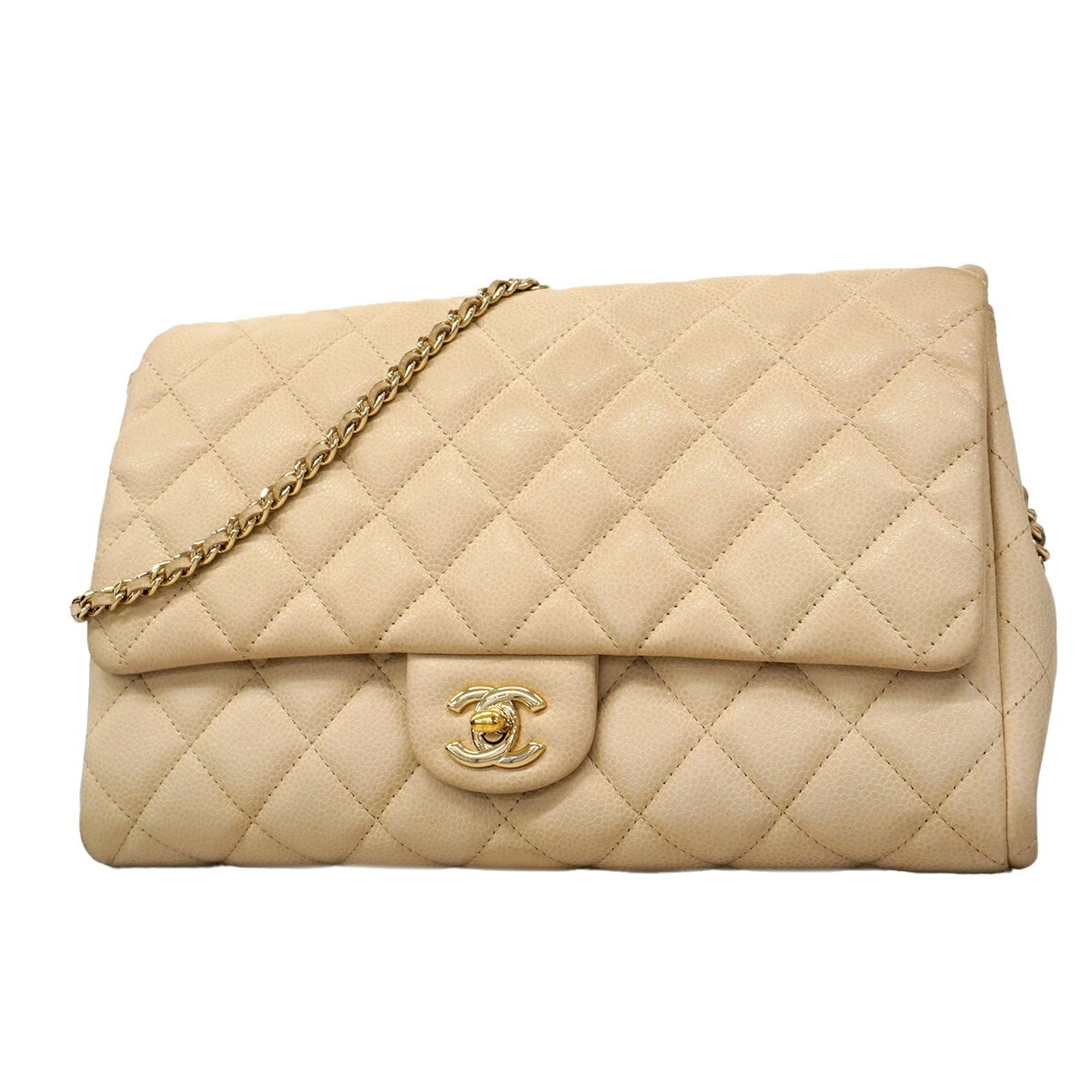 Calfskin Shoulder Bag by Chanel: Calfskin Shoulder Bag by Chanel Calfskin shoulder bag by Chanel, featuring grained calfskin material and champagne gold hardware. Measuring 17cm x 27cm x 5cm, this stylish accessory boasts a classic d