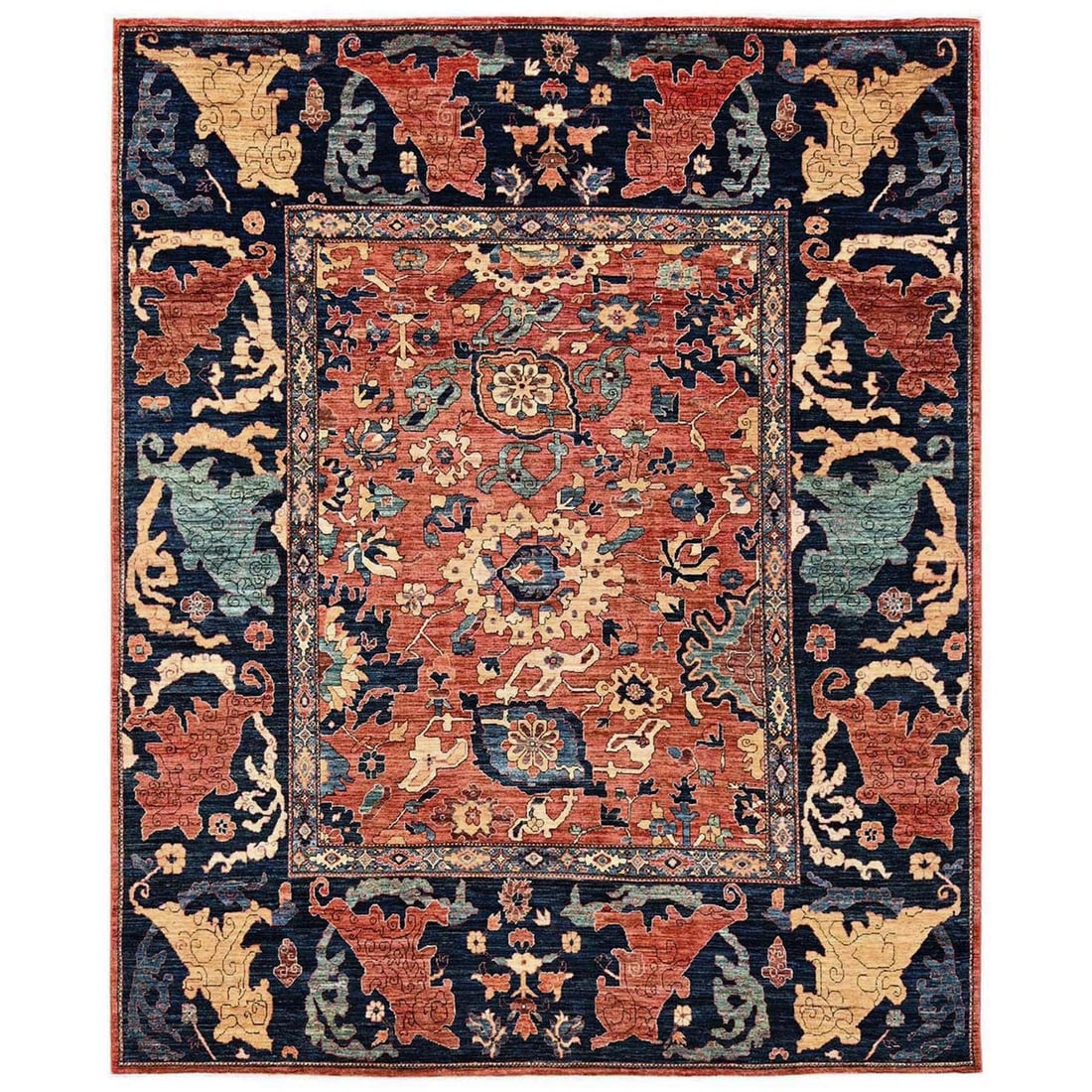 8'x9'9" Rust Orange All Over Leaf Design Aryana Grade Hand Knotted Wool Rug: 8'x9'9" Rust Orange All Over Leaf Design Aryana Grade Hand Knotted Wool Rug The Aryana Grade Hand Knotted Wool Rug boasts an eye-catching all-over leaf design in vibrant rust orange hues, set against 