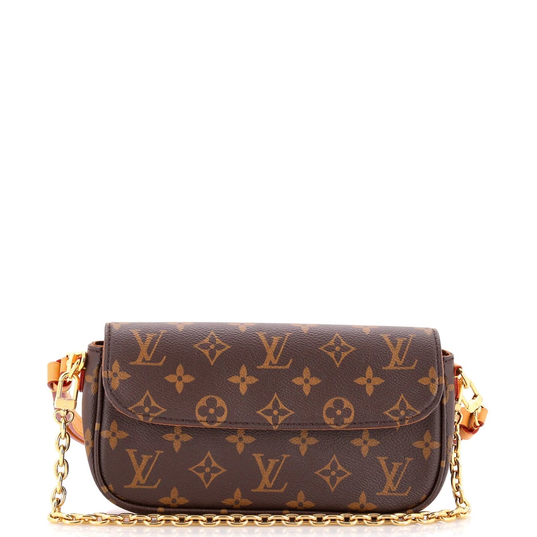 Ivy Wallet on Chain Monogram Canvas by Louis Vuitton: Ivy Wallet on Chain Monogram Canvas by Louis Vuitton Brown Canvas Louis Vuitton Ivy Wallet on Chain Monogram features a classic design with scuffed exterior, minor edge wear, and corner creases. The i