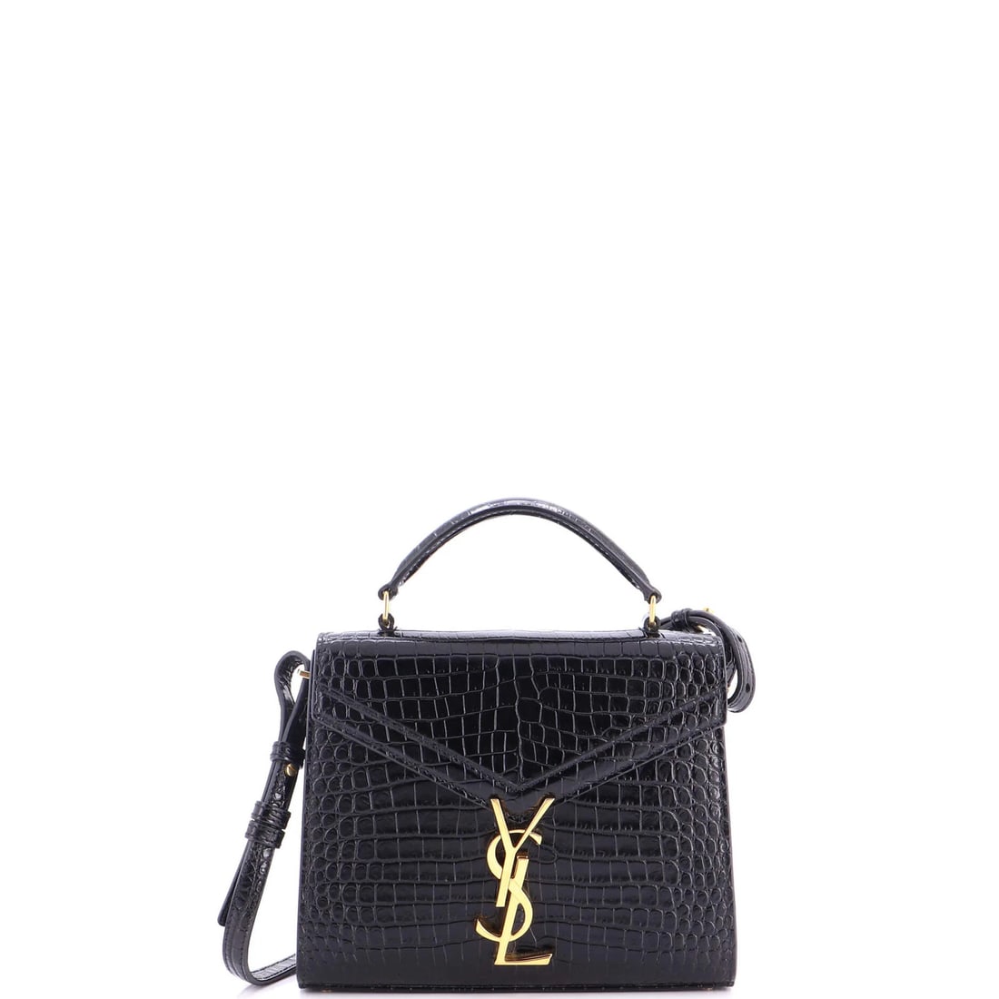 Cassandra Top Handle Bag Leather Mini Crocodile Embossed Saint Laurent: Cassandra Top Handle Bag Leather Mini Crocodile Embossed Saint Laurent Black leather mini shoulder bag with crocodile embossed exterior, featuring gold hardware and burgundy interior. The Cassandra To