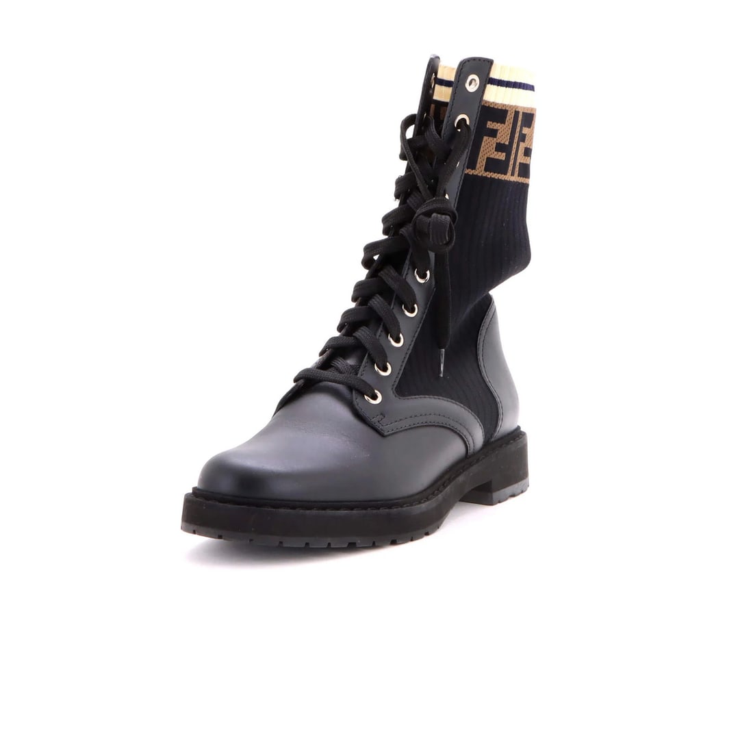 Fendi Women's Rockoko Combat Boots Leather with Knit Stretch Fabric and Zucca: Fendi Women's Rockoko Combat Boots Leather with Knit Stretch Fabric and Zucca Black Fendi Rockoko Combat Boots with Leather and Knit Stretch Fabric, featuring Zucca trim. These boots boast a unique co