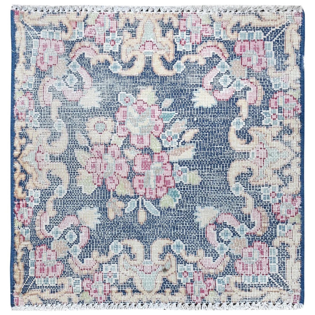 1'7"x1'7" Blue Vintage Farsian Karman Worn Wool Hand Knotted Square Rug: 1'7"x1'7" Blue Vintage Farsian Karman Worn Wool Hand Knotted Square Rug This stunning Blue Farsian Karman rug boasts an intricate, worn wool pile and a rich blue field color, characteristic of the tra