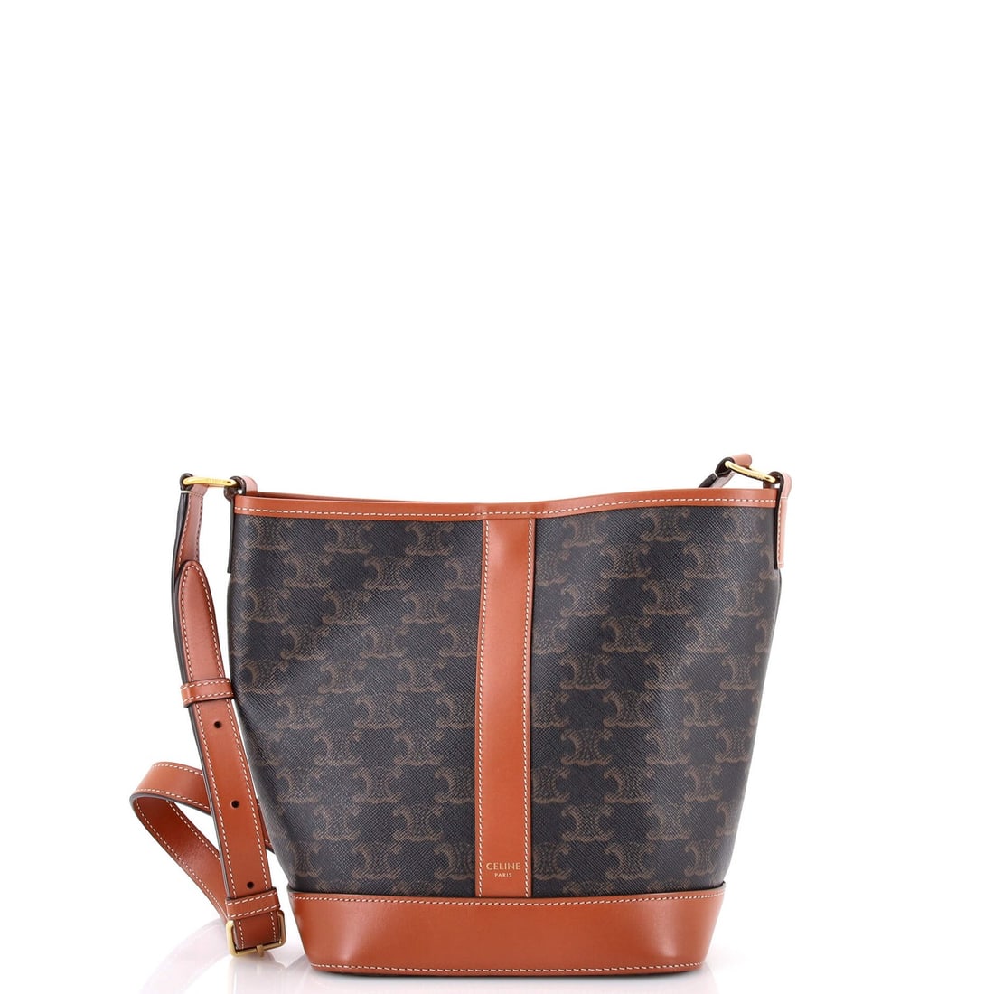 Small triomphe coated canvas bucket bag Celine: Small triomphe coated canvas bucket bag Celine Small Triomphe Coated Canvas Bucket Bag in Brown. This Celine Small Triomphe Bucket Bag boasts a timeless design with a canvas-coated exterior and gold h