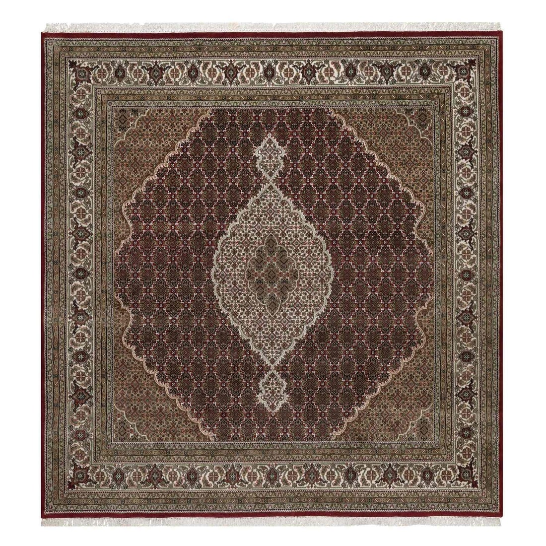 8'x8' Red Hand Knotted Rug Tebraz Mahi with Medallion Design Wool Square: 8'x8' Red Hand Knotted Rug Tebraz Mahi with Medallion Design Wool Square The Tebraz Mahi hand-knotted rug boasts an eye-catching medallion design in rich red hues, set against a vibrant background. Ma