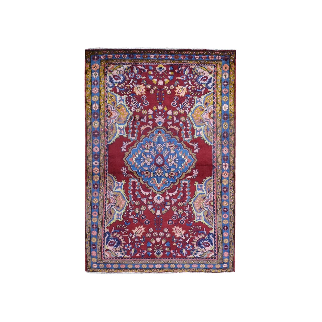3'8"x5'10" Vintage Colorful Farsian Amadan Natural Wool Hand Knotted Rug: 3'8"x5'10" Vintage Colorful Farsian Amadan Natural Wool Hand Knotted Rug This vibrant, hand-knotted wool rug boasts a stunning rectangular field with intricate Oriental design, set against a rich red 