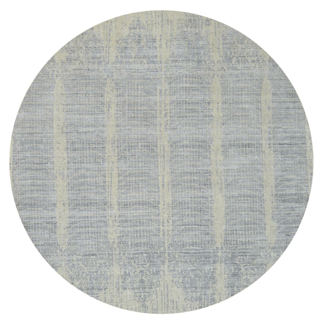 9'x9' Gray Jacquard Hand Loomed Wool and Plant Based Silk Round Rug: 9'x9' Gray Jacquard Hand Loomed Wool and Plant Based Silk Round Rug The 9'x9' Gray Jacquard Hand Loomed Wool and Plant Based Silk Round Rug boasts an elegant, erased design created using traditional h
