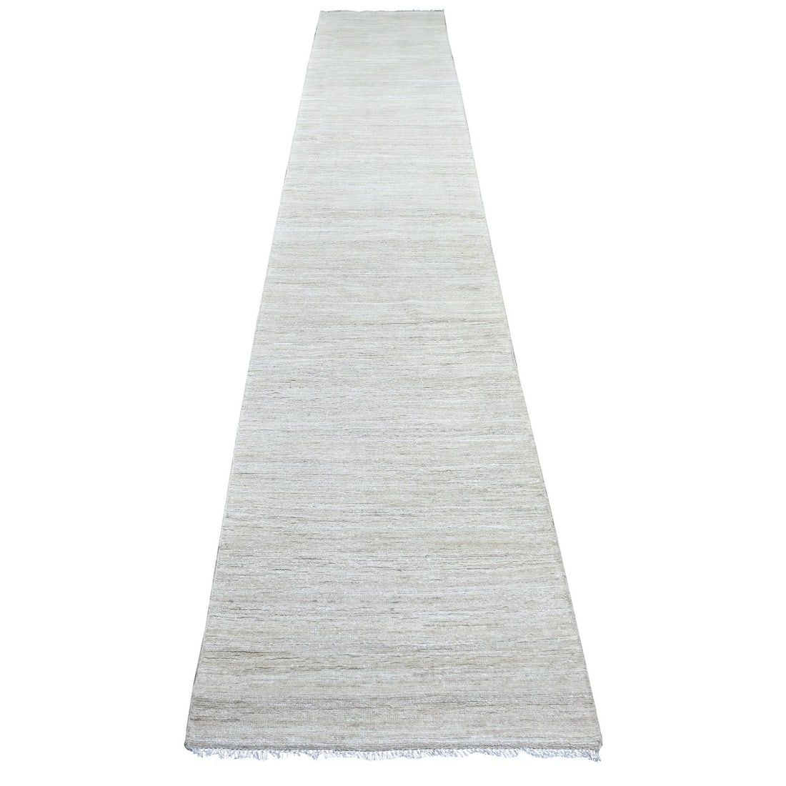 2'6"x14'3" Ivory Plain Solid Pattern Hand Knotted Ghazni Wool Runner Rug: 2'6"x14'3" Ivory Plain Solid Pattern Hand Knotted Ghazni Wool Runner Rug Hand-knotted in traditional Ghazni wool, this ivory ivory plain solid pattern runner rug boasts a timeless modern design. Measu