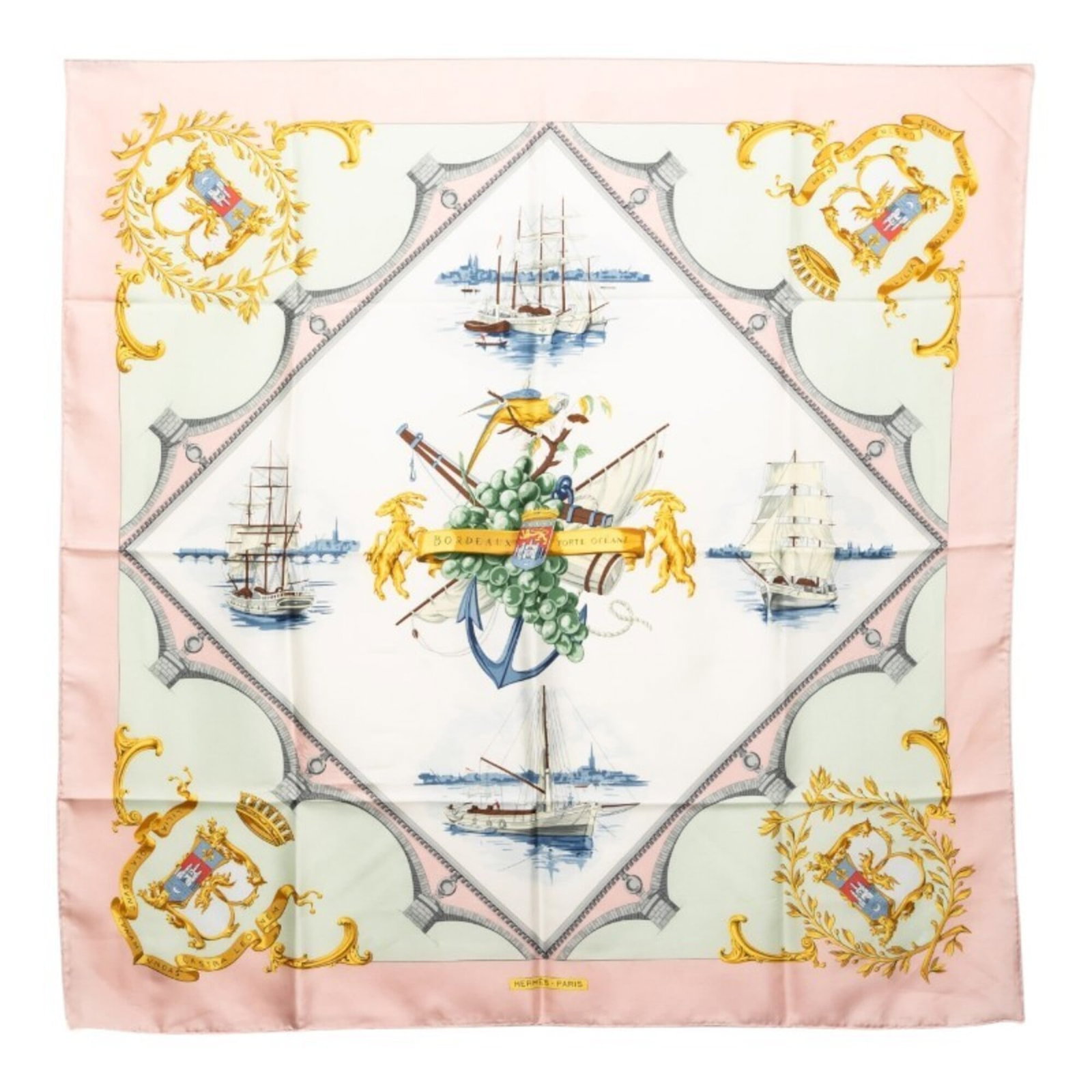 Hermes silk scarf: Hermes silk scarf Silk in multi-color, pink hues adorns this Herm?s scarf, measuring 88.5cm x 88cm in size. The scarf's material and dimensions are showcased, providing a clear picture of its physical