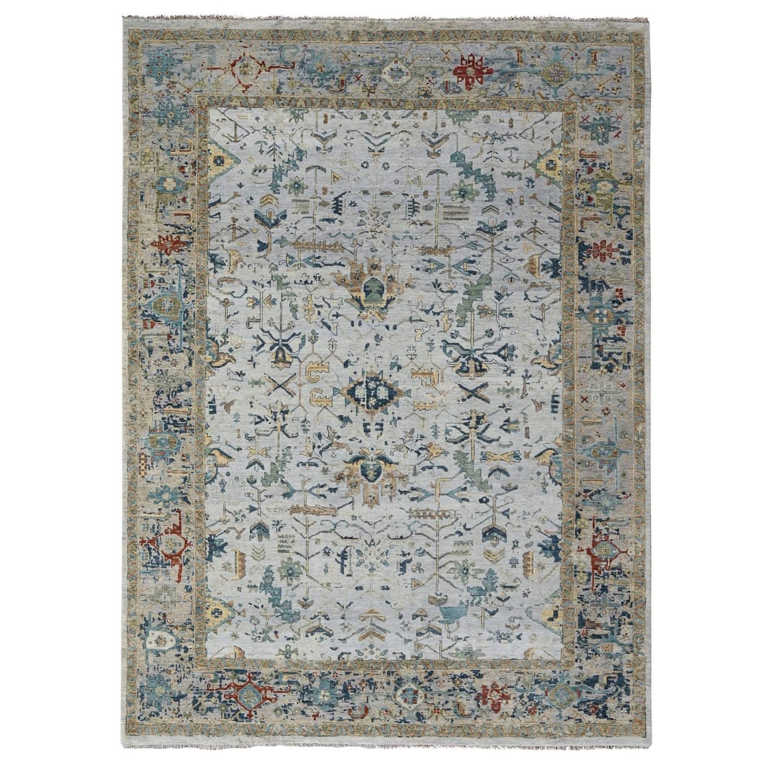 8'10"x11'10" Gray Erased Heris All Over Design Hand Knotted Pure Wool Rug: 8'10"x11'10" Gray Erased Heris All Over Design Hand Knotted Pure Wool Rug The Zoroastrian-style hand-knotted pure wool rug boasts an all-over design in soothing grey hues, set against a rich brown and