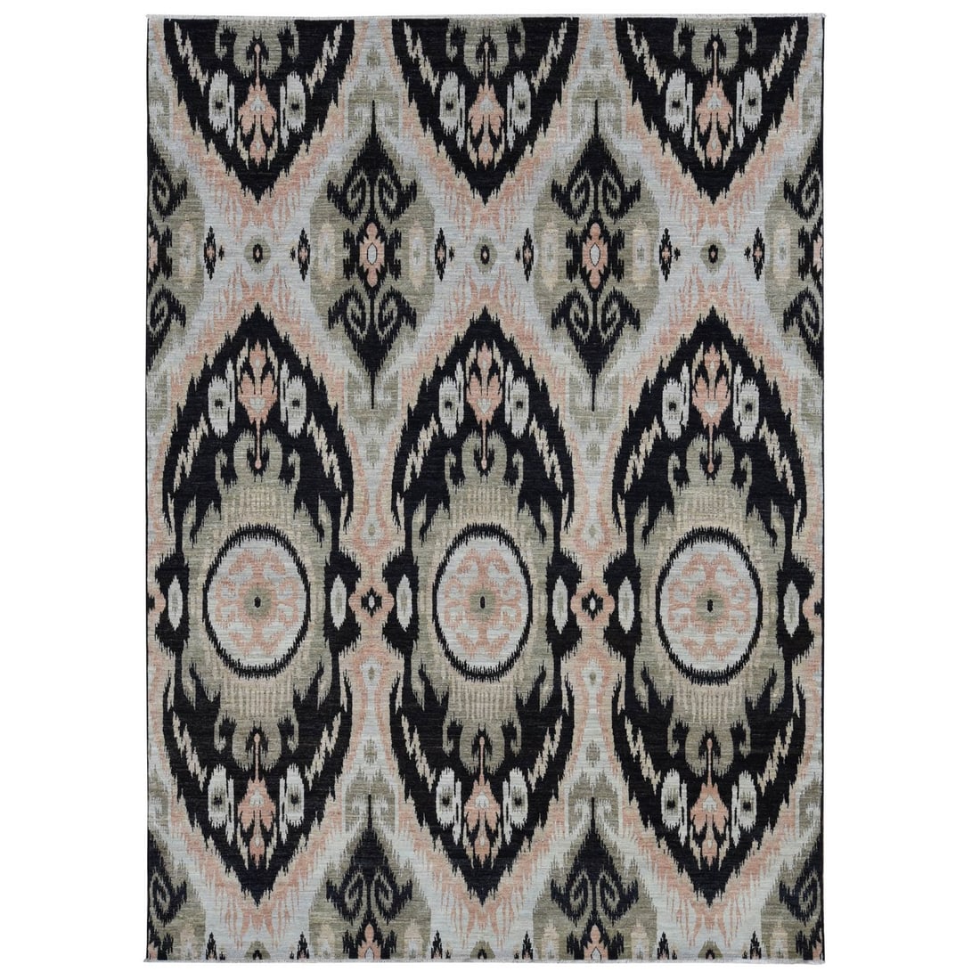 9'1"x13' Eerie Black 100% Wool Ikat Uzbek Design Hand Knotted Rug: 9'1"x13' Eerie Black 100% Wool Ikat Uzbek Design Hand Knotted Rug 9'1" x 13" Eerie Black Ikat Uzbek Design Hand Knotted Wool Rug boasts an intricate, all-black design woven into a rich, woolen fabric.